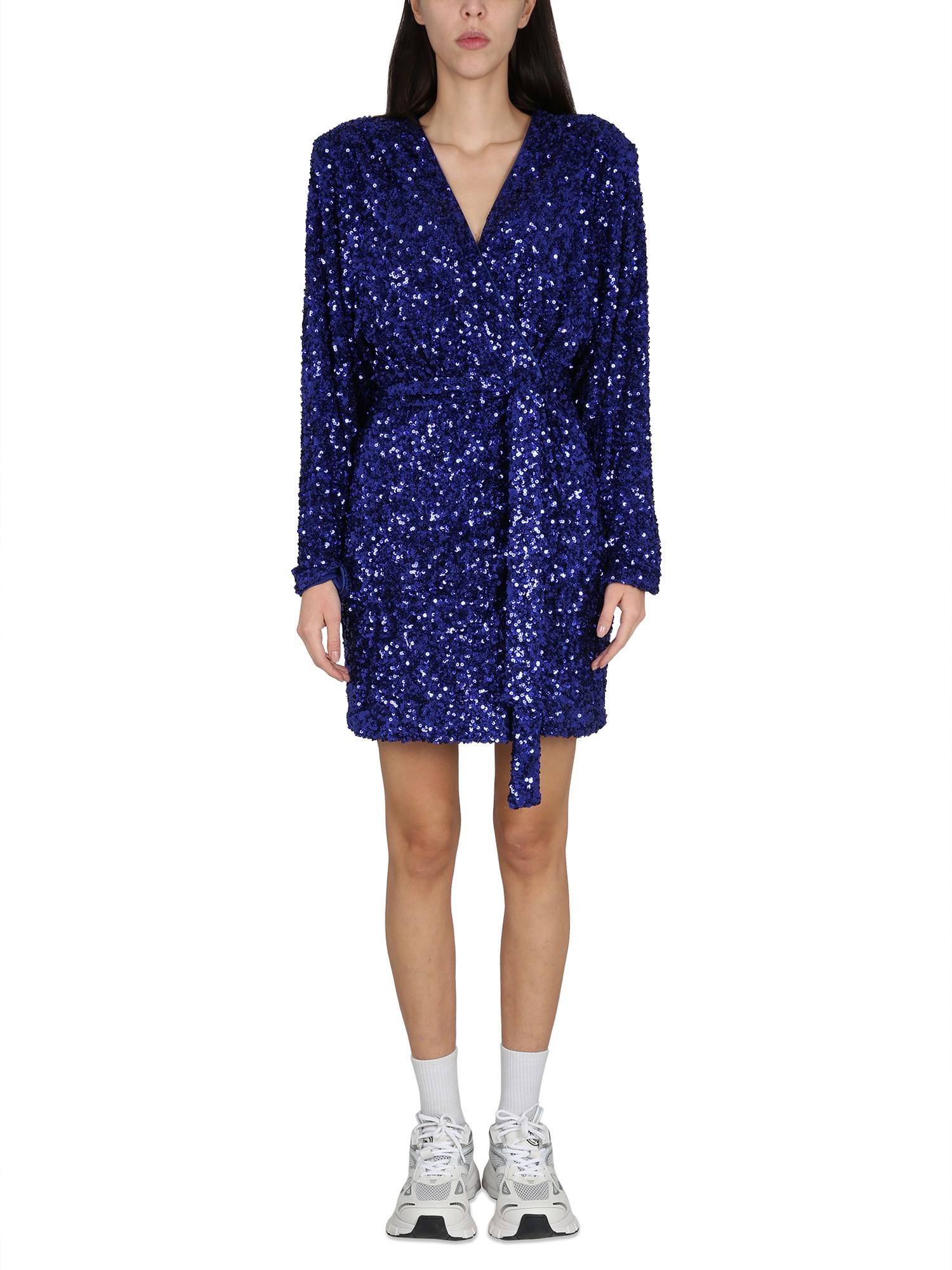 Rotate Birger Christensen Rotate Deep V-neck Sequined Evening Dress With Adjustable Belt In Blue