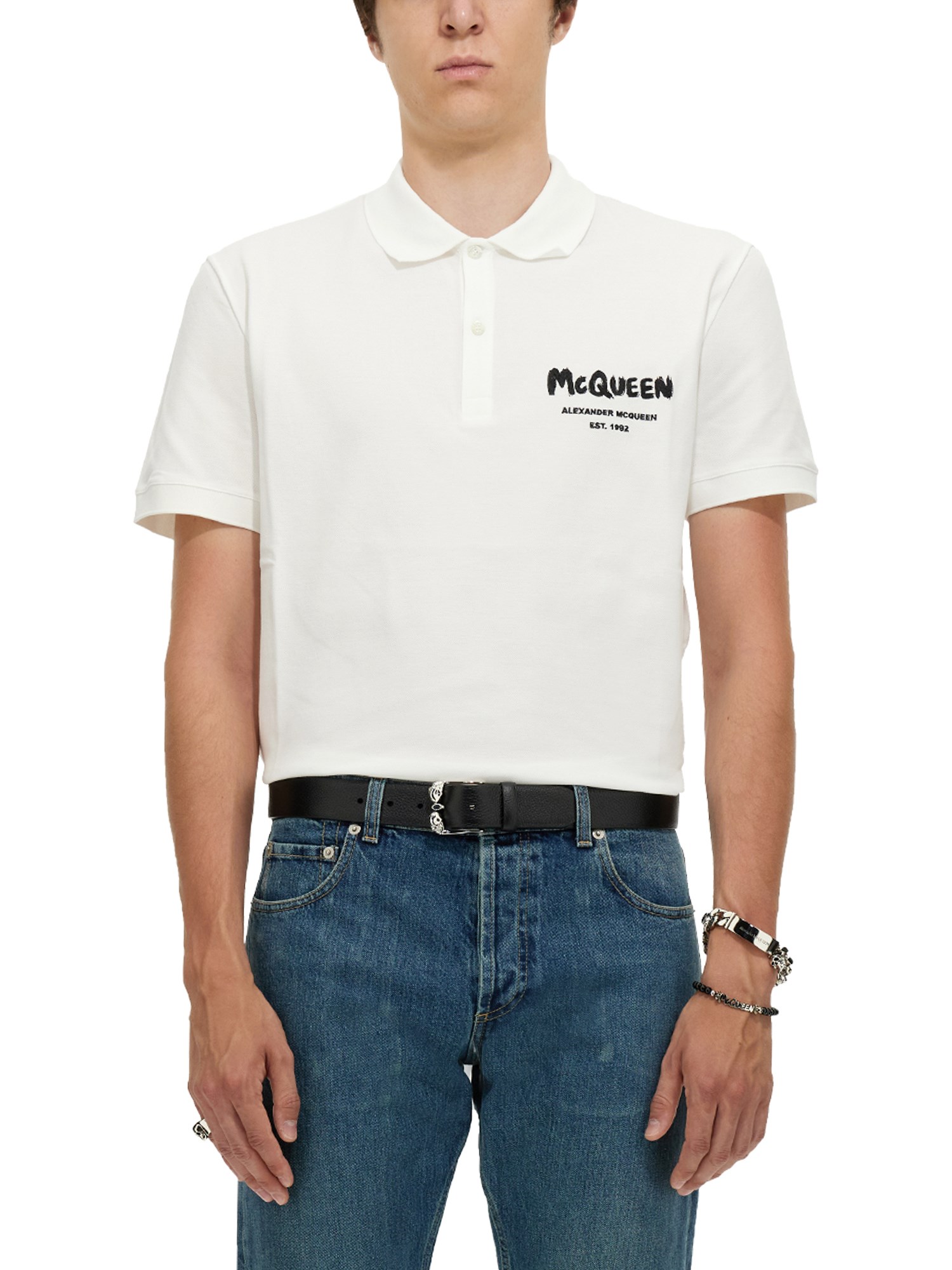 Alexander Mcqueen Polo Shirt With Graffiti Logo Embroidery In White