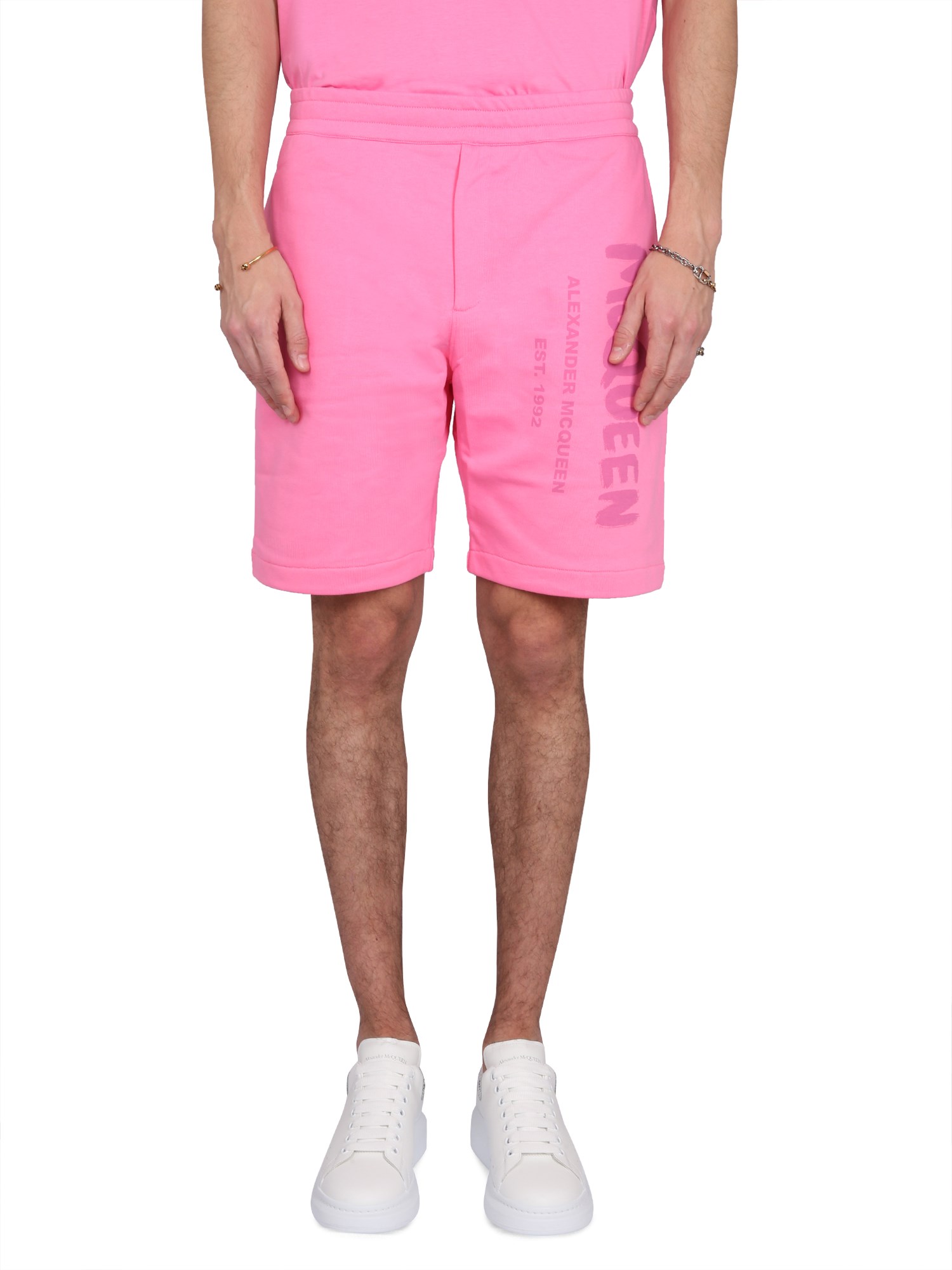 Shop Alexander Mcqueen Bermuda Shorts With Graffiti Logo Print In Fuchsia