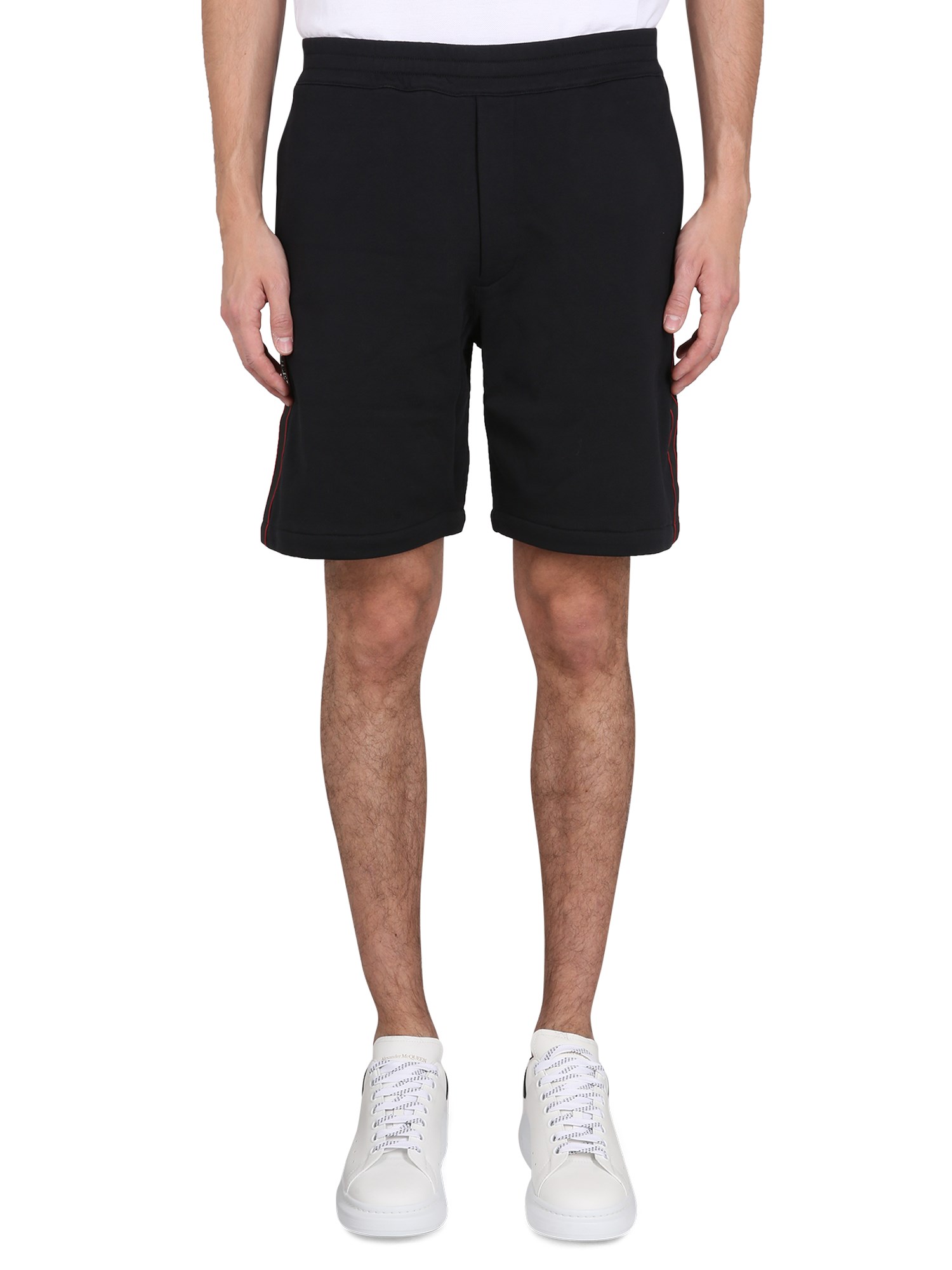 Shop Alexander Mcqueen Bermuda Shorts With Selvedge Logo Band In Black