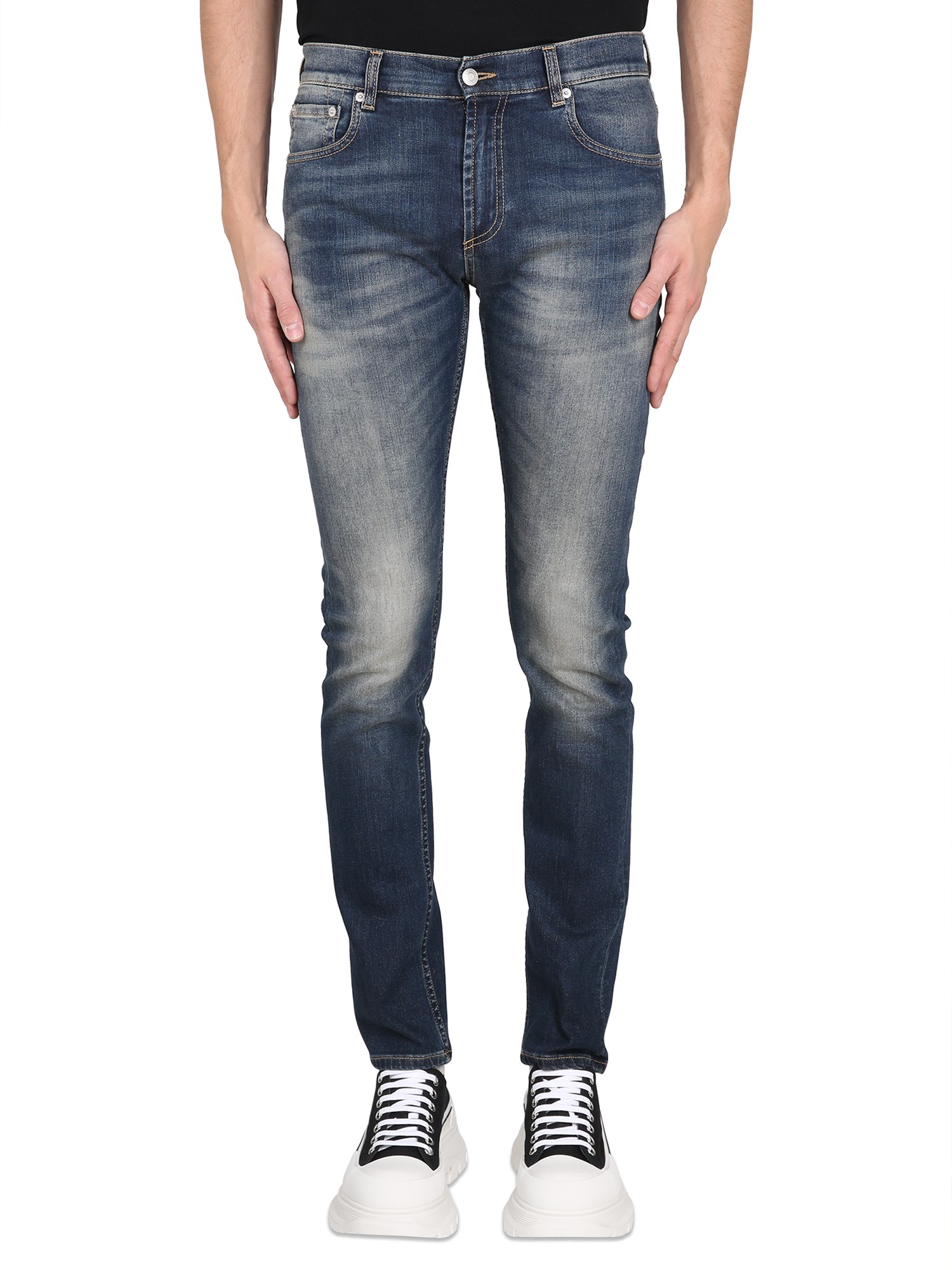 Shop Alexander Mcqueen Jeans With Graffiti Logo Embroidery In Blue