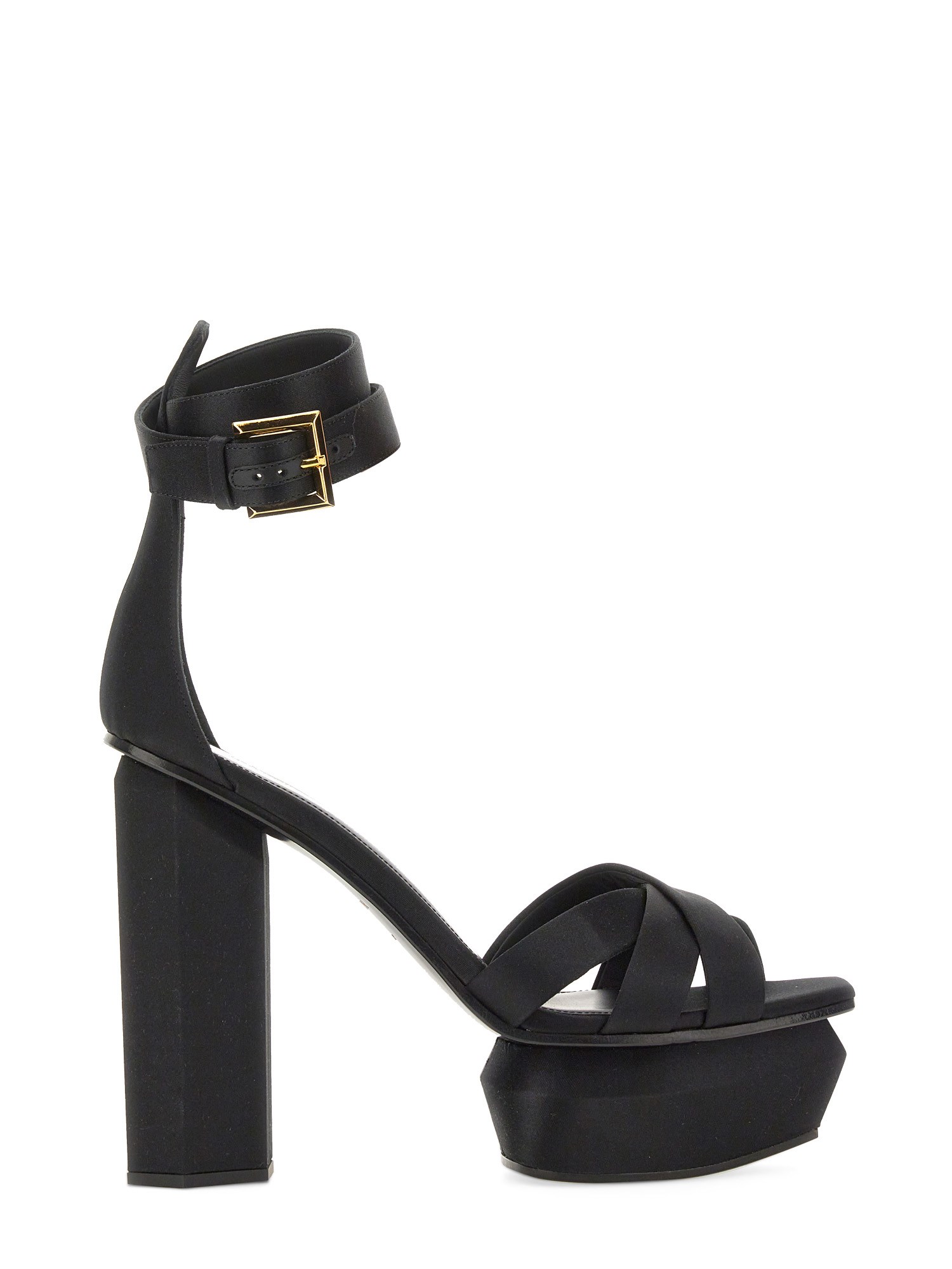 Balmain Block Heel Leather Sandals With Crossover Detail In Black