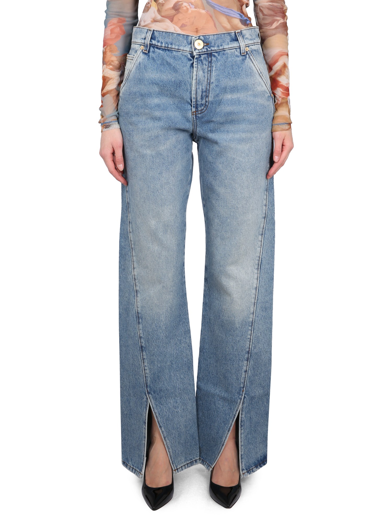 Balmain Vintage Cotton Denim Hybrid Wide Jeans In Blue