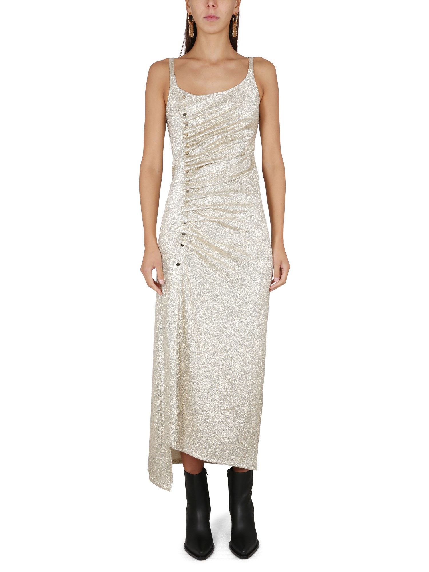 Rabanne Button-embellished Ruched Maxi Dress In Silver