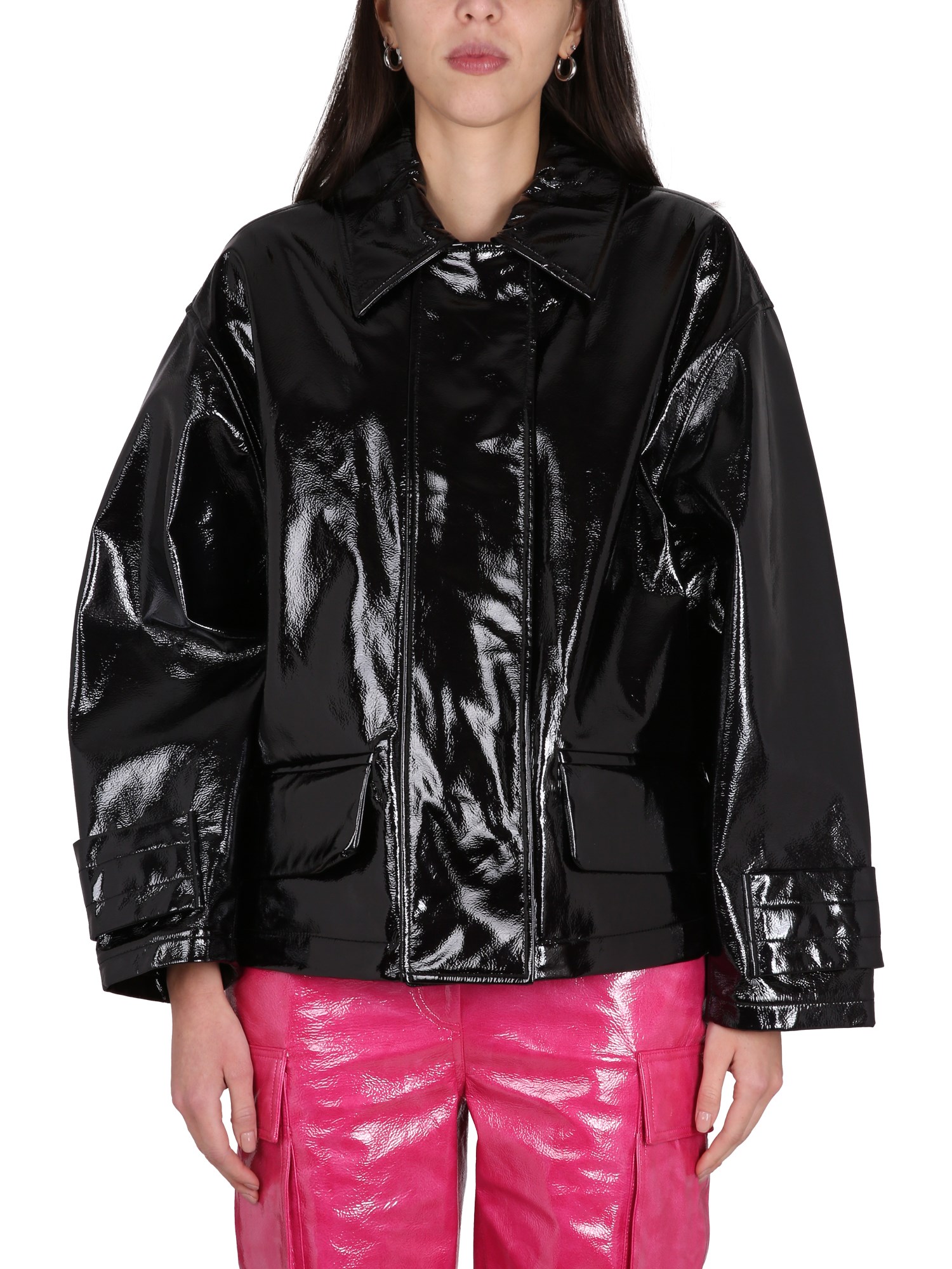 Stand Studio Constance Polished-finish Single-breasted Coat In Black