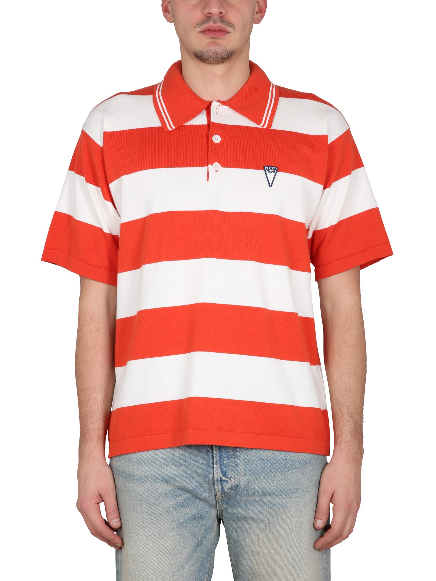 Kenzo White And Red Polo T-shirt With Embroidered Logo In Red