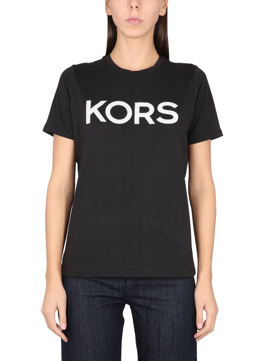 MICHAEL BY MICHAEL KORS - COTTON JERSEY CREW NECK T-SHIRT WITH RHINESTONE  LOGO - Eleonora Bonucci