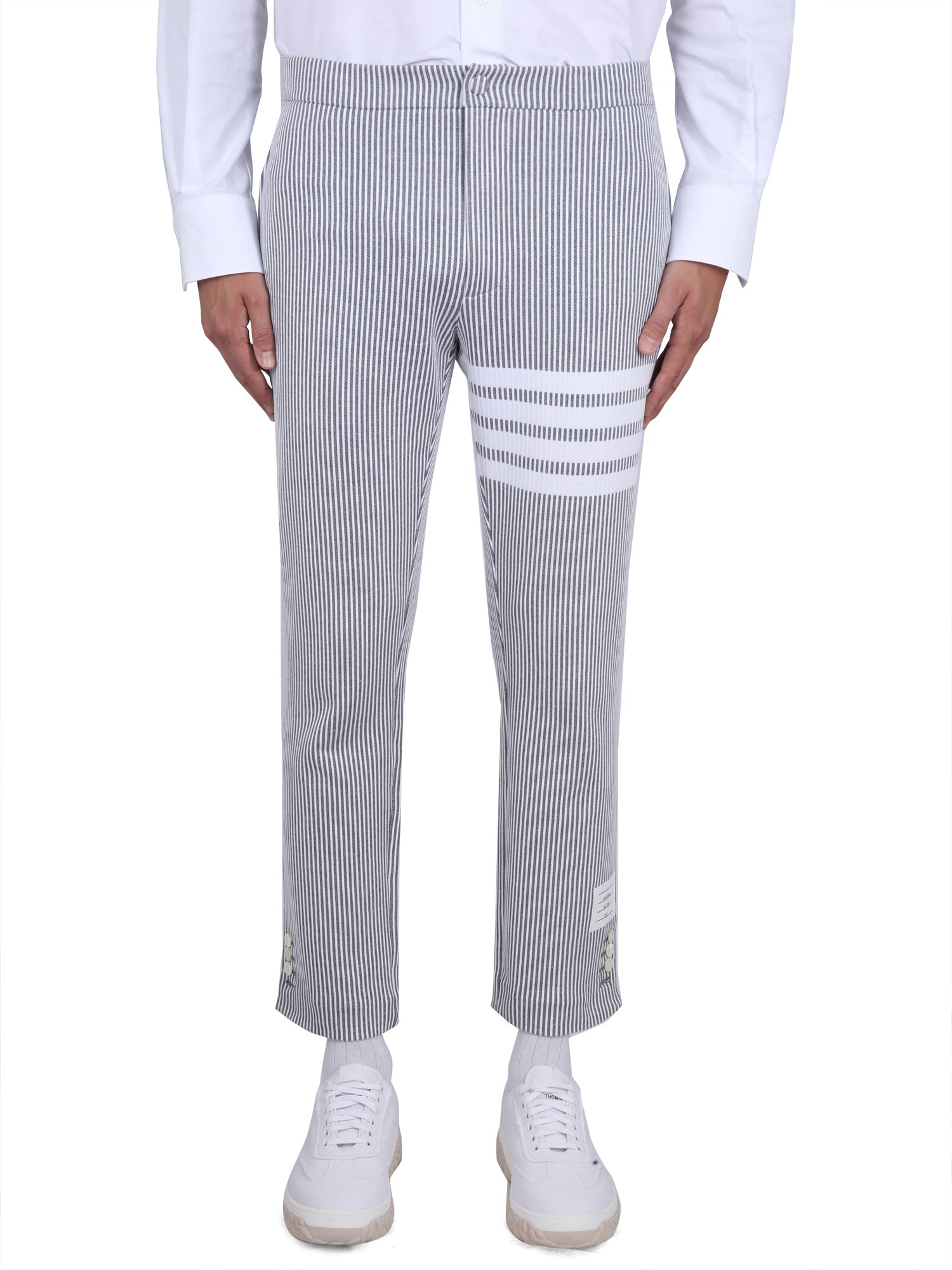 Shop Thom Browne Striped Pants In Grey