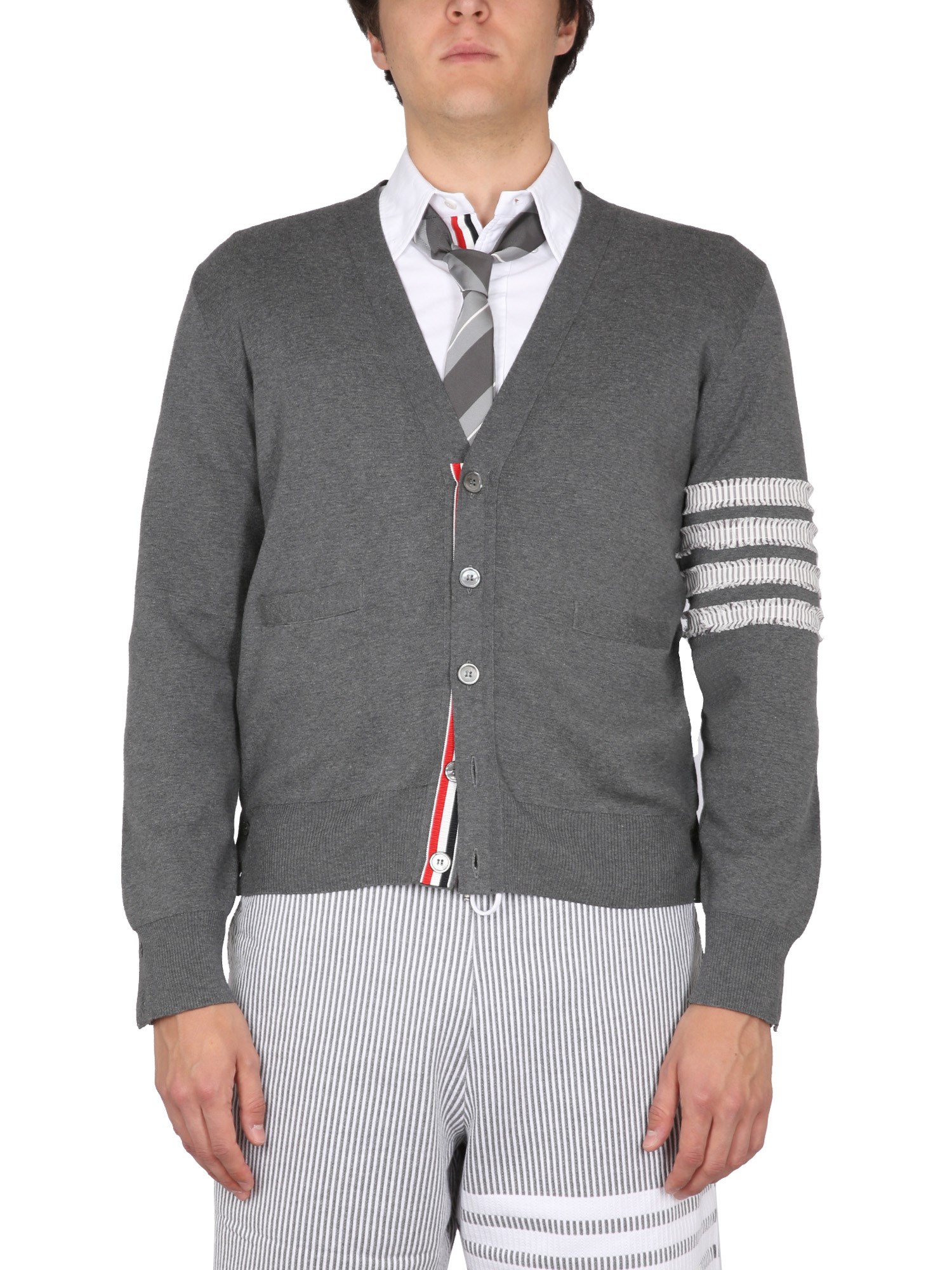 Shop Thom Browne 4 Bar Stripe Cardigan In Grey