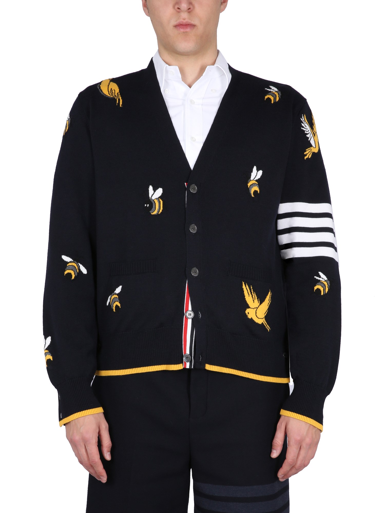 thom browne cardigan with birds and bees inlays