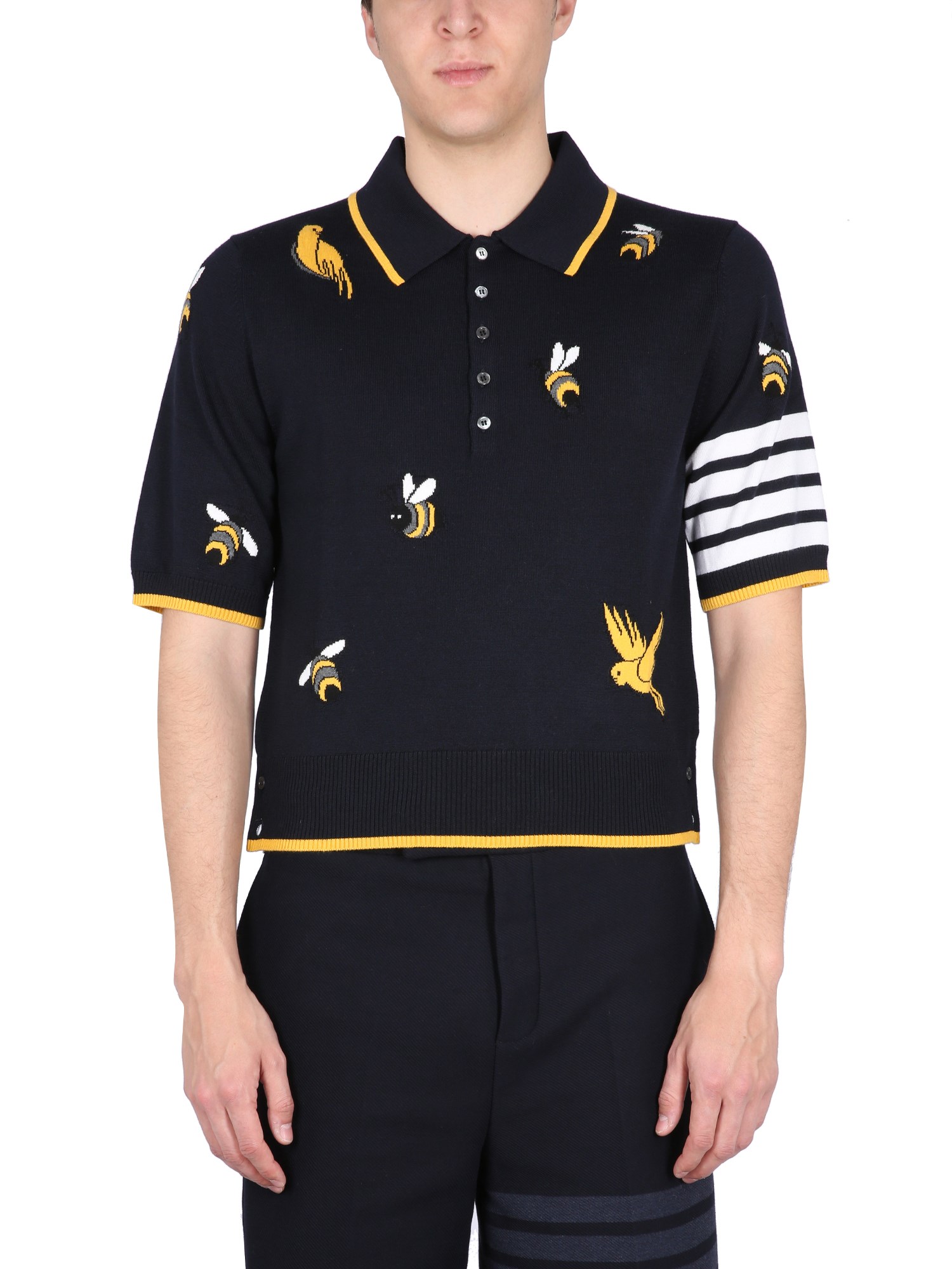 Shop Thom Browne Polo Birds & Bees In Blue