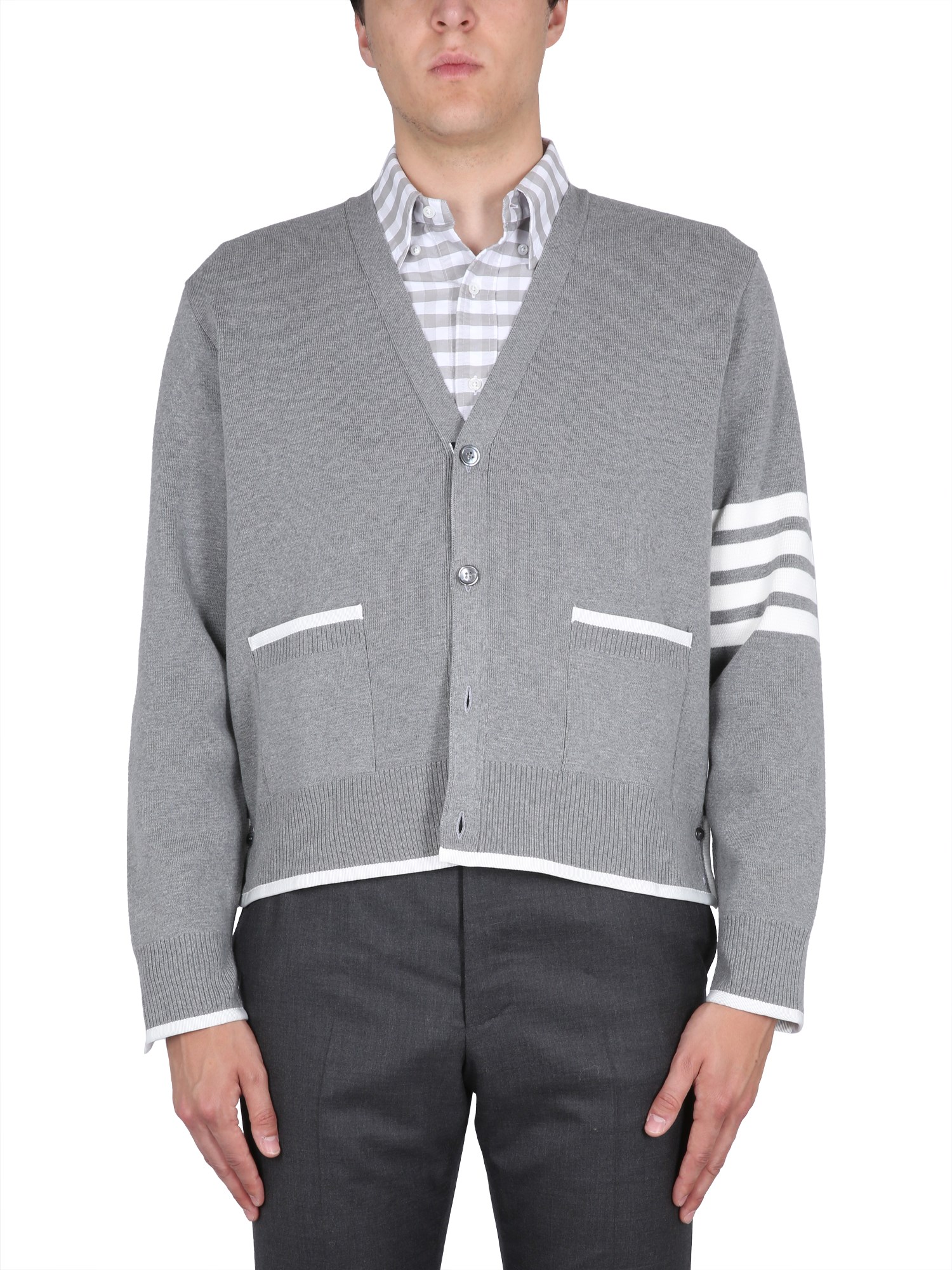 Shop Thom Browne 4bar Stripe Cardigan In Grey