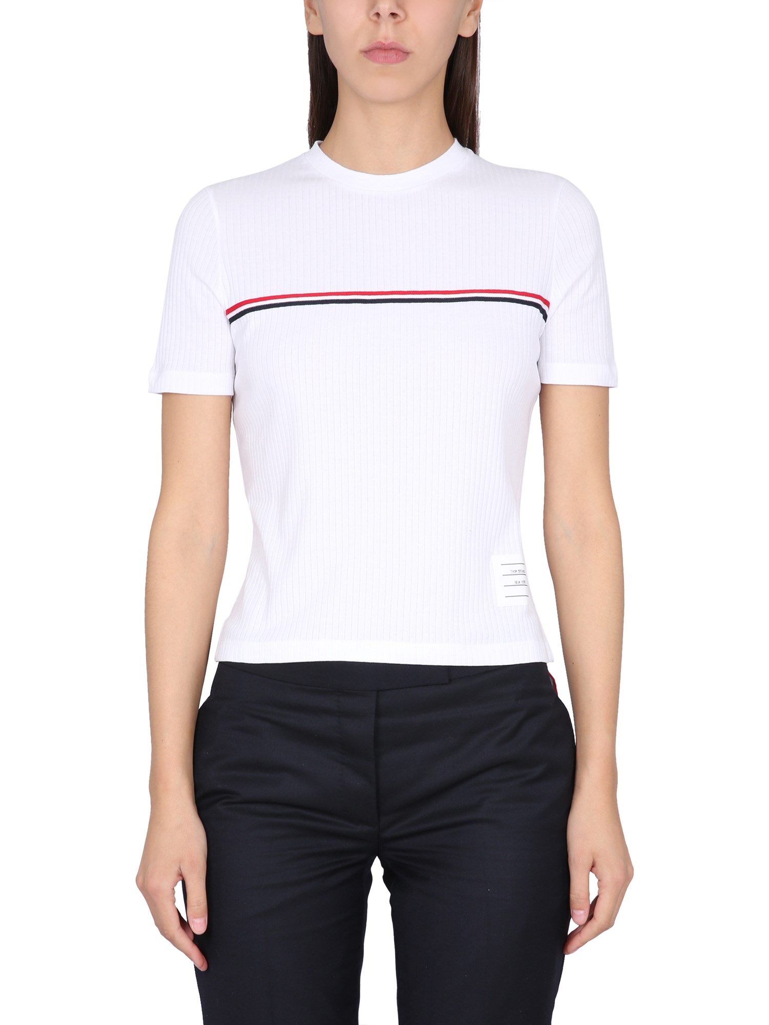 Thom Browne White Crewneck T-shirt With Signature Rwb Stripe In Cotton Woman In White
