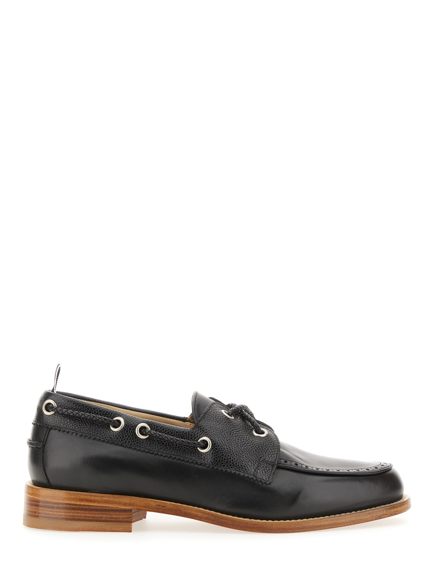 Thom Browne Polished Black Leather Loafers With Moc Toe Design And Lace Detail In Black