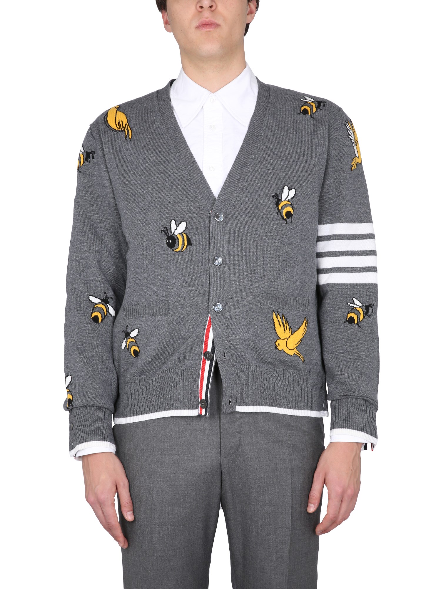 Shop Thom Browne Cardigan With Birds And Bees Inlays In Grey