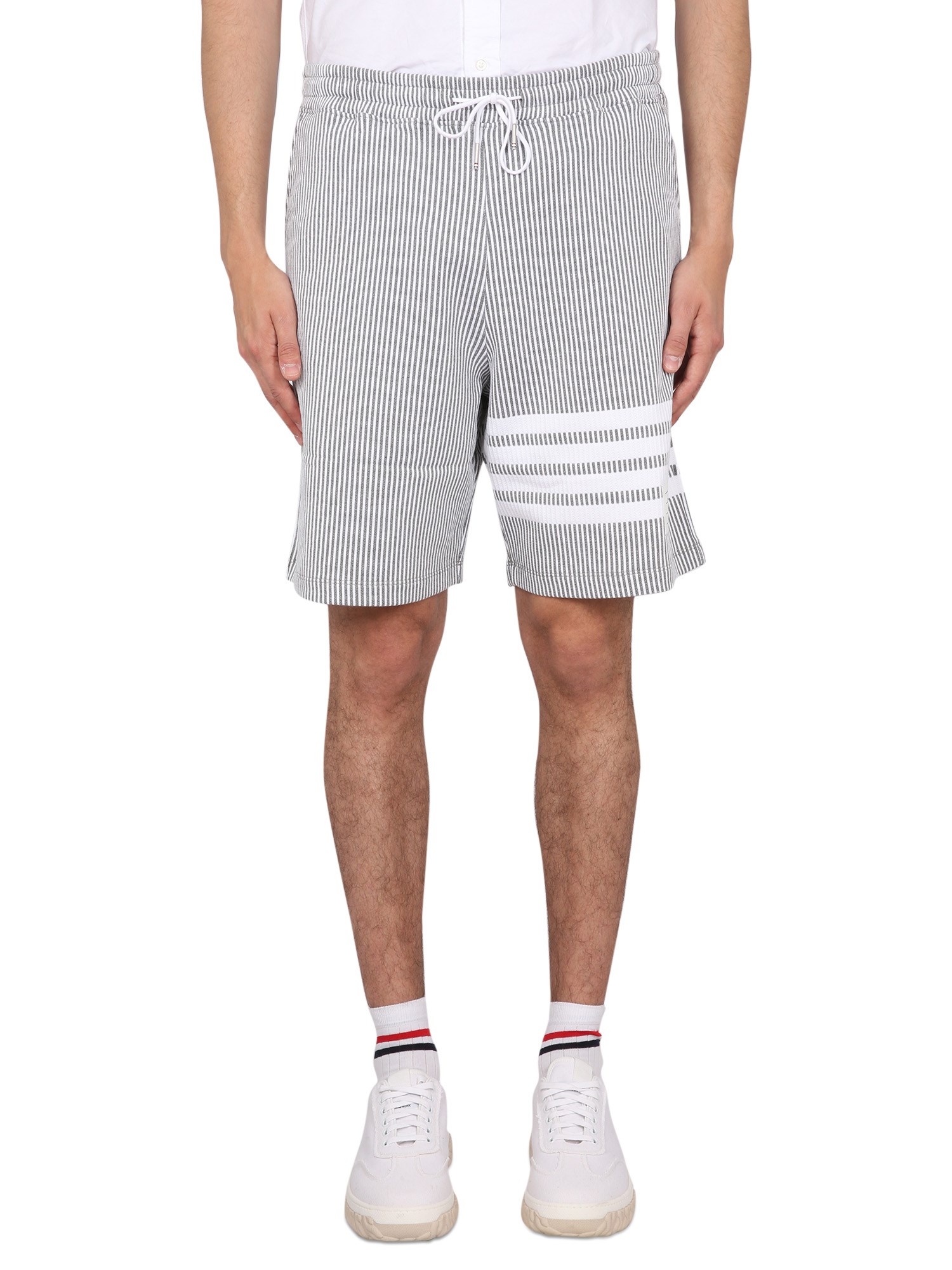 Thom Browne Vertical Pinstripe Shorts With Drawstring Waistband And Bold Accents In Gray