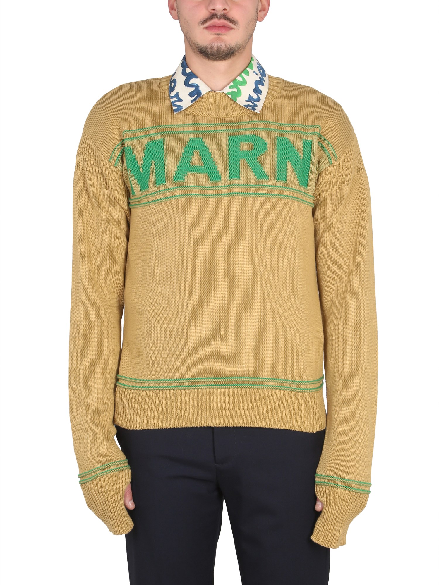 Marni Brown Embroidered Logo Cotton Sweater In Yellow