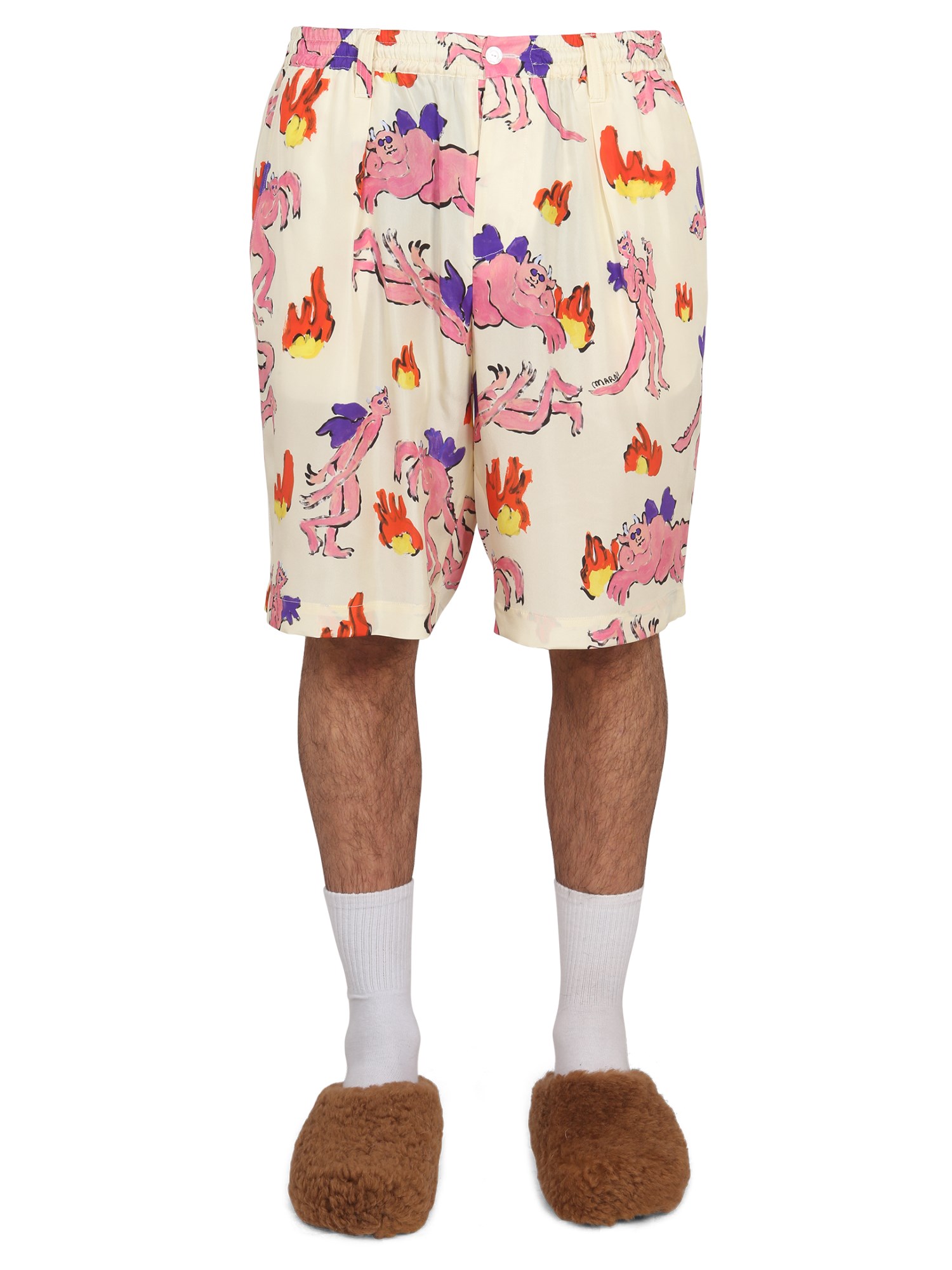 Marni Multicolor Printed Silk Bermuda Shorts In White