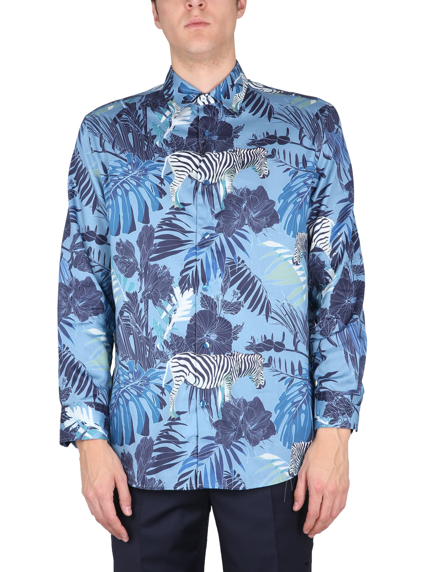 Shop Etro Foliage And Zebra Print Shirt In Blue