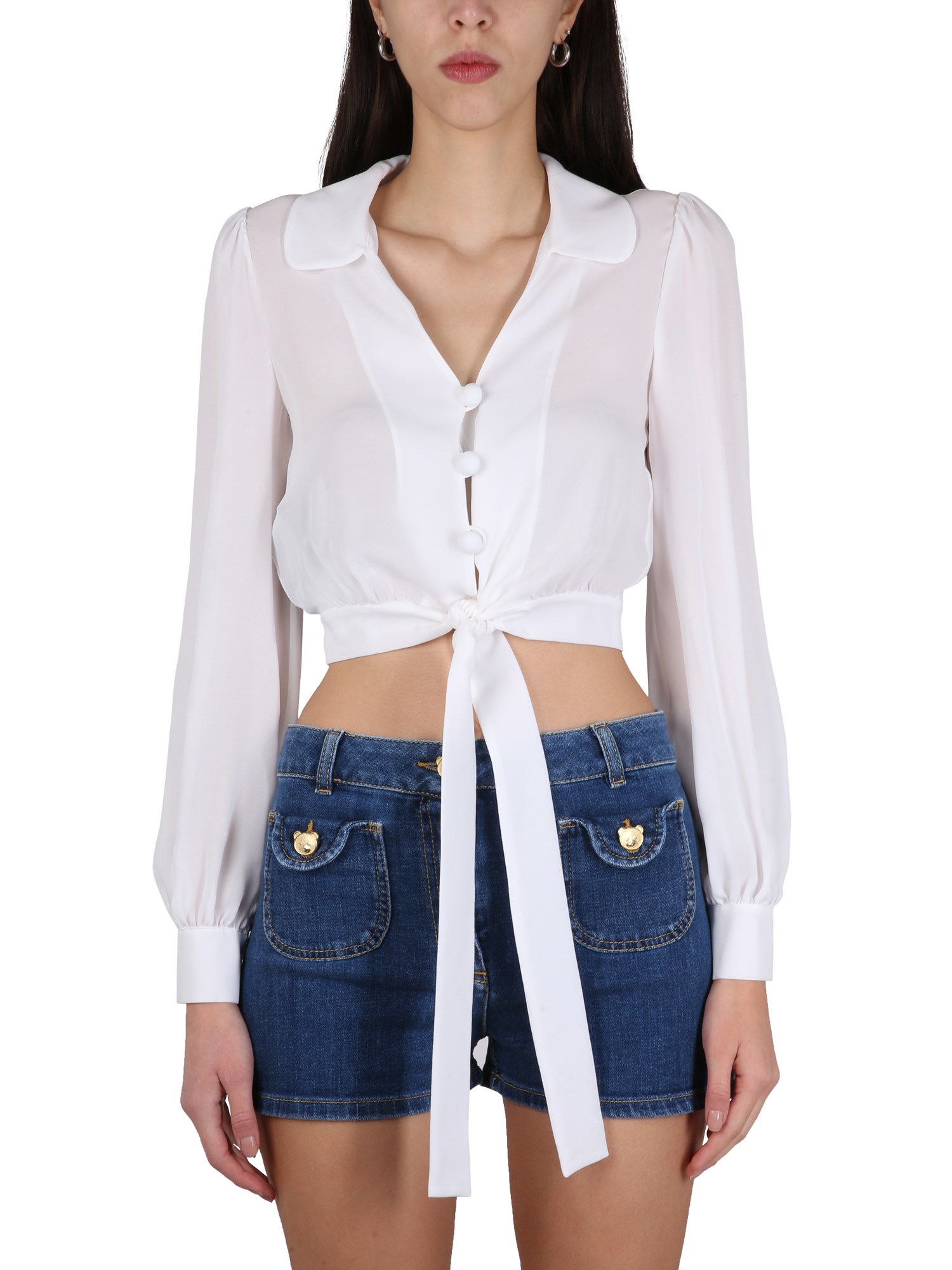 Shop Moschino Silk Cropped Blouse In White