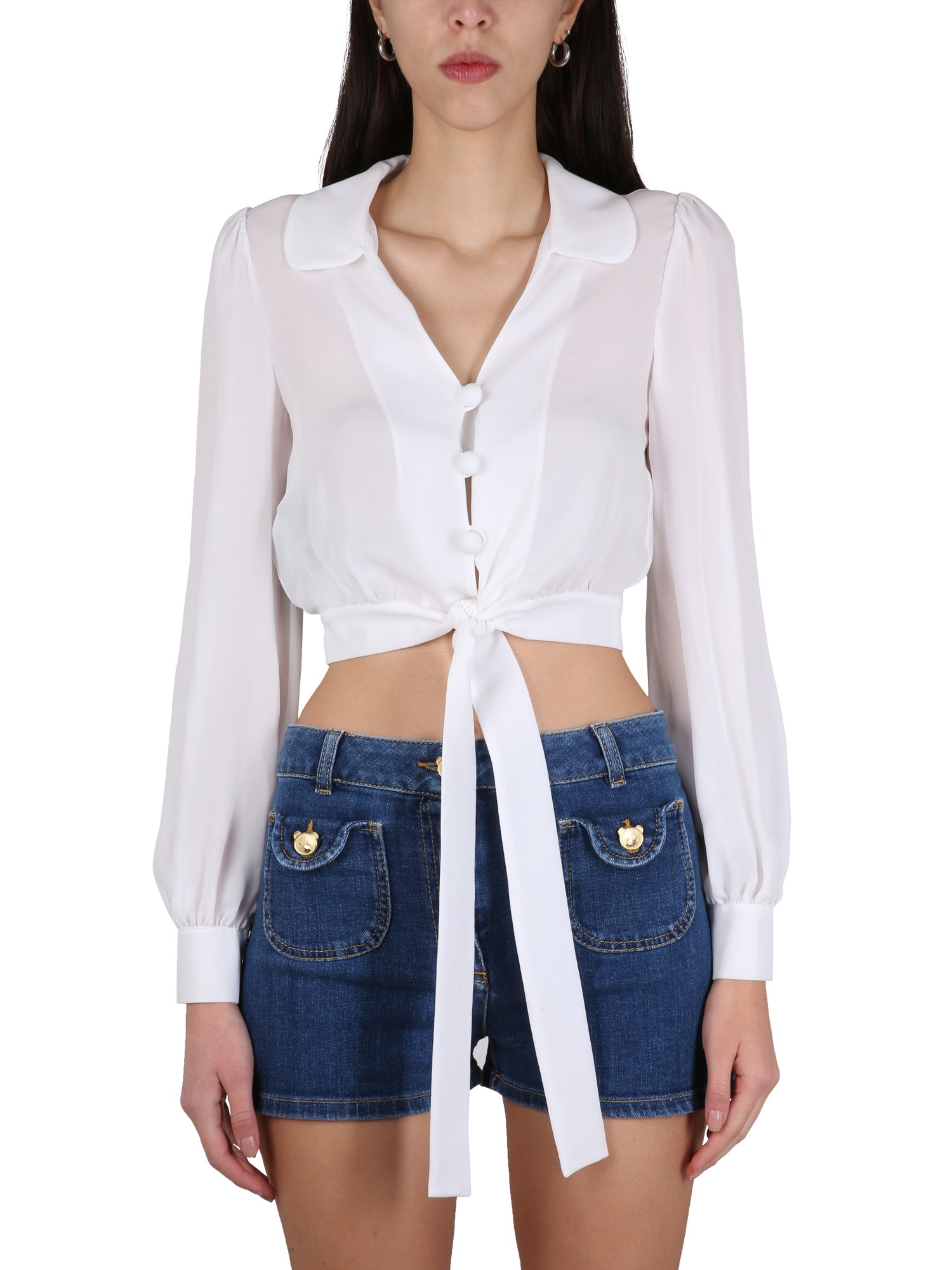 Moschino Cropped Tied-hem Silk Blouse In White