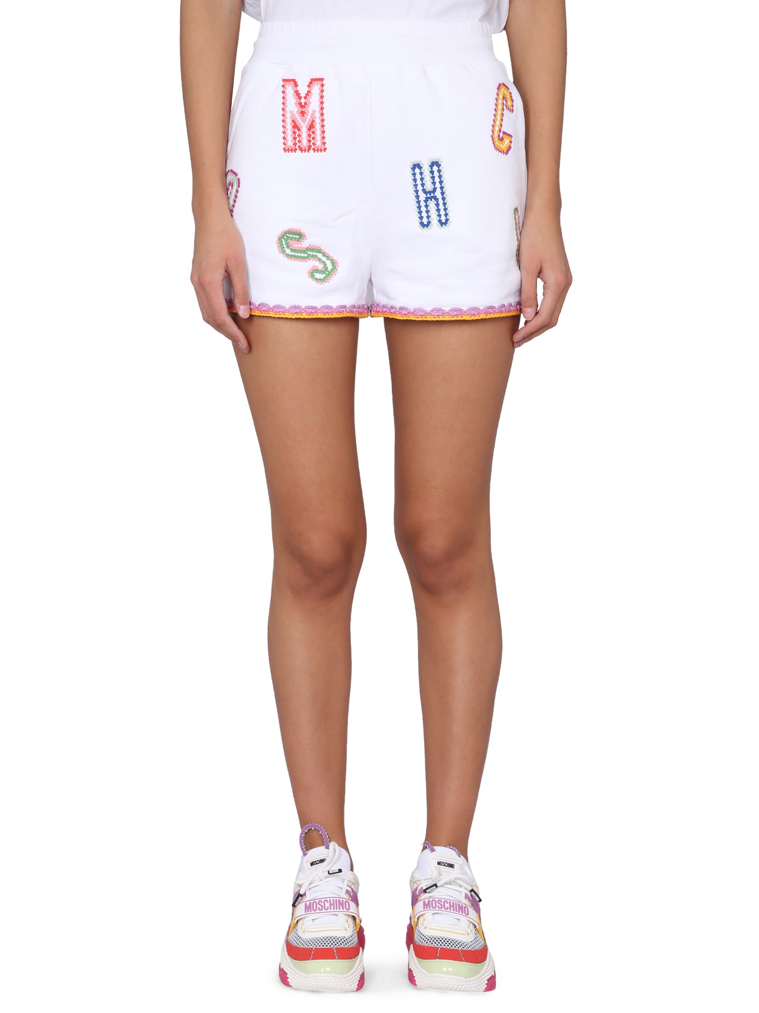 Moschino Logo Embroidered Bermuda Shorts With Elastic Waistband In White