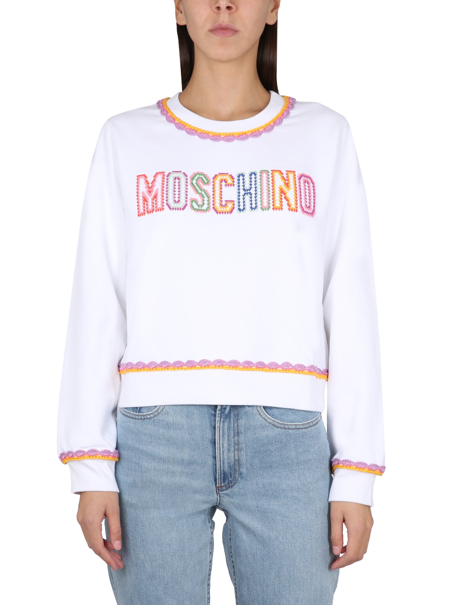 Moschino Fantasy Print White Crochet Details Cotton Sweatshirt In White