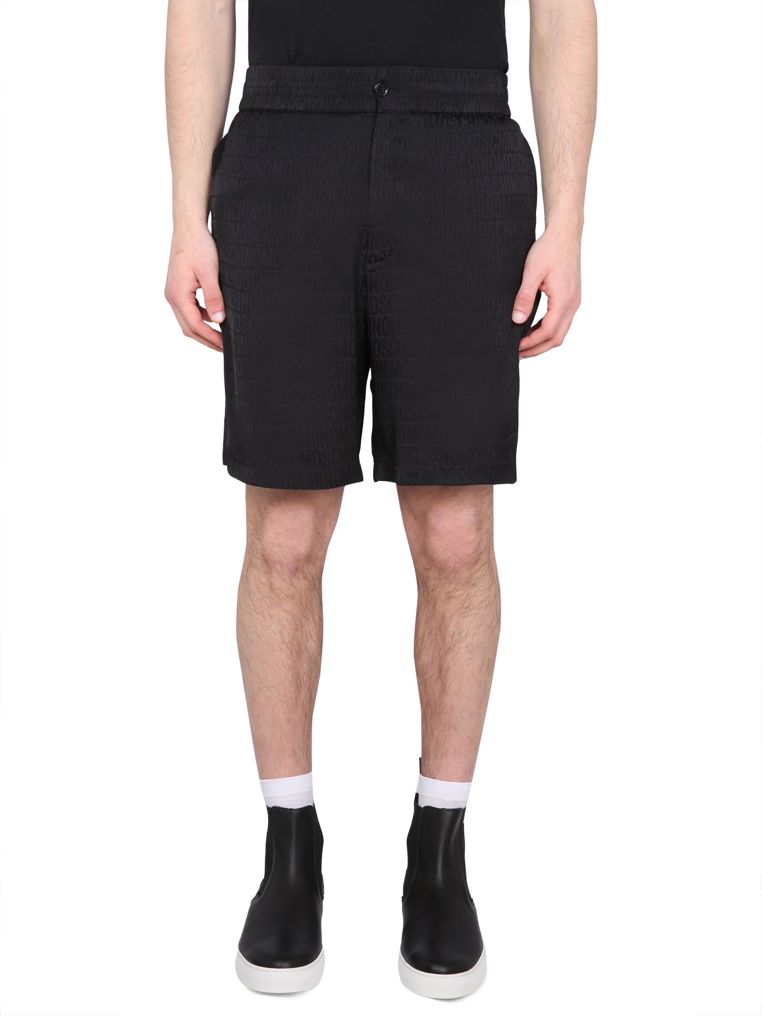 Shop Moschino Viscose Satin Logo Shorts In Black