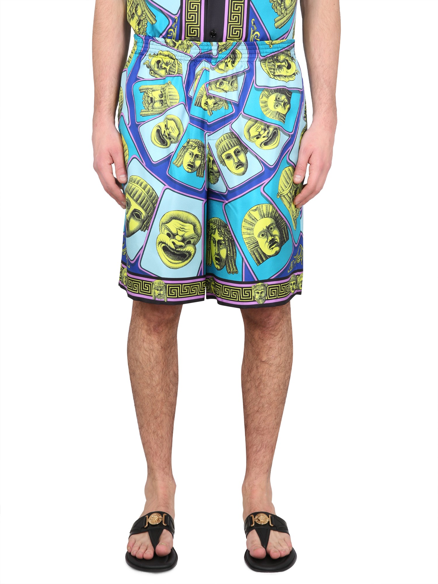 Shop Versace Silk Shorts The Masks In Green