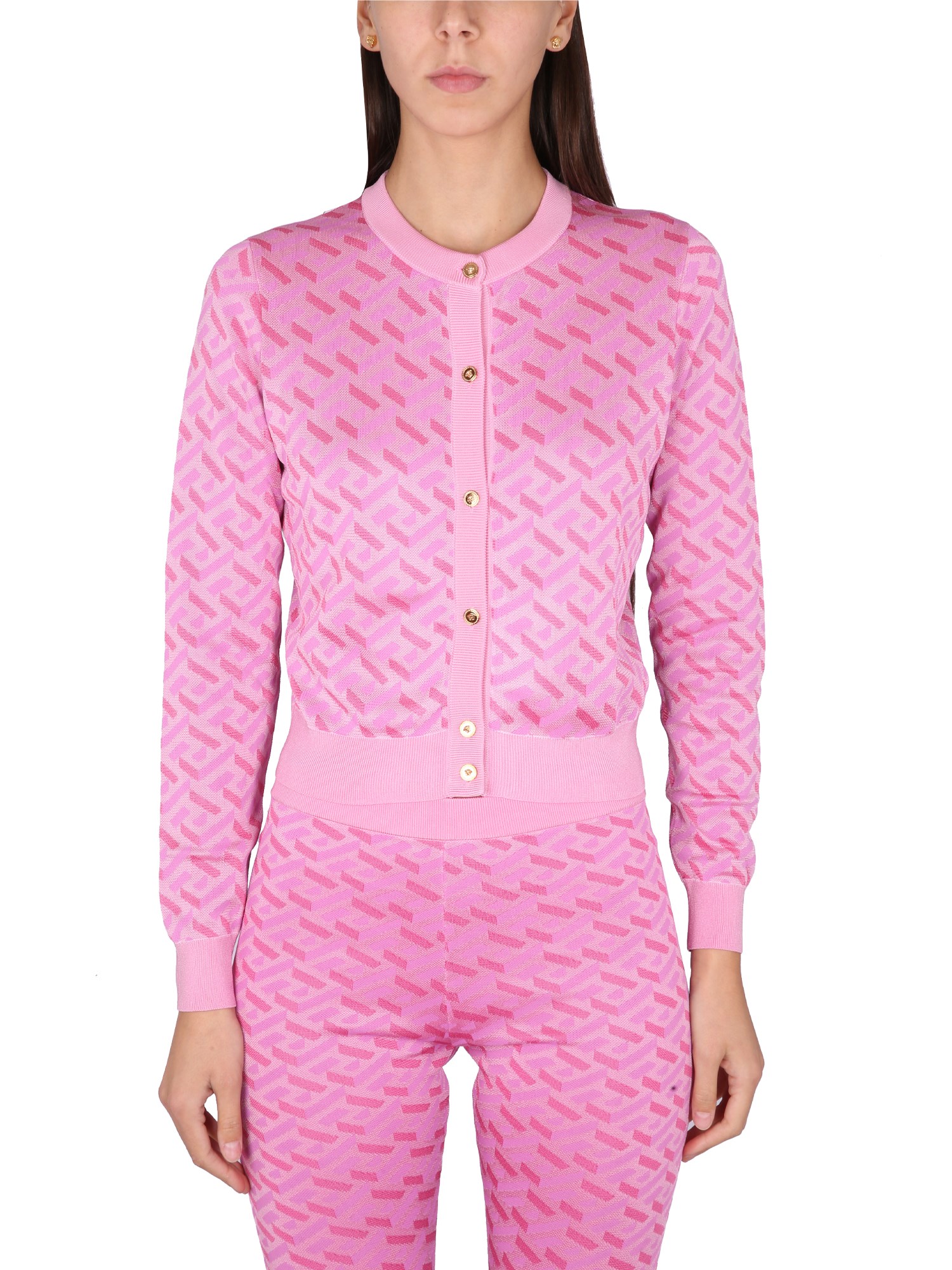 Shop Versace Jacquard Cardigan La Greca In Pink