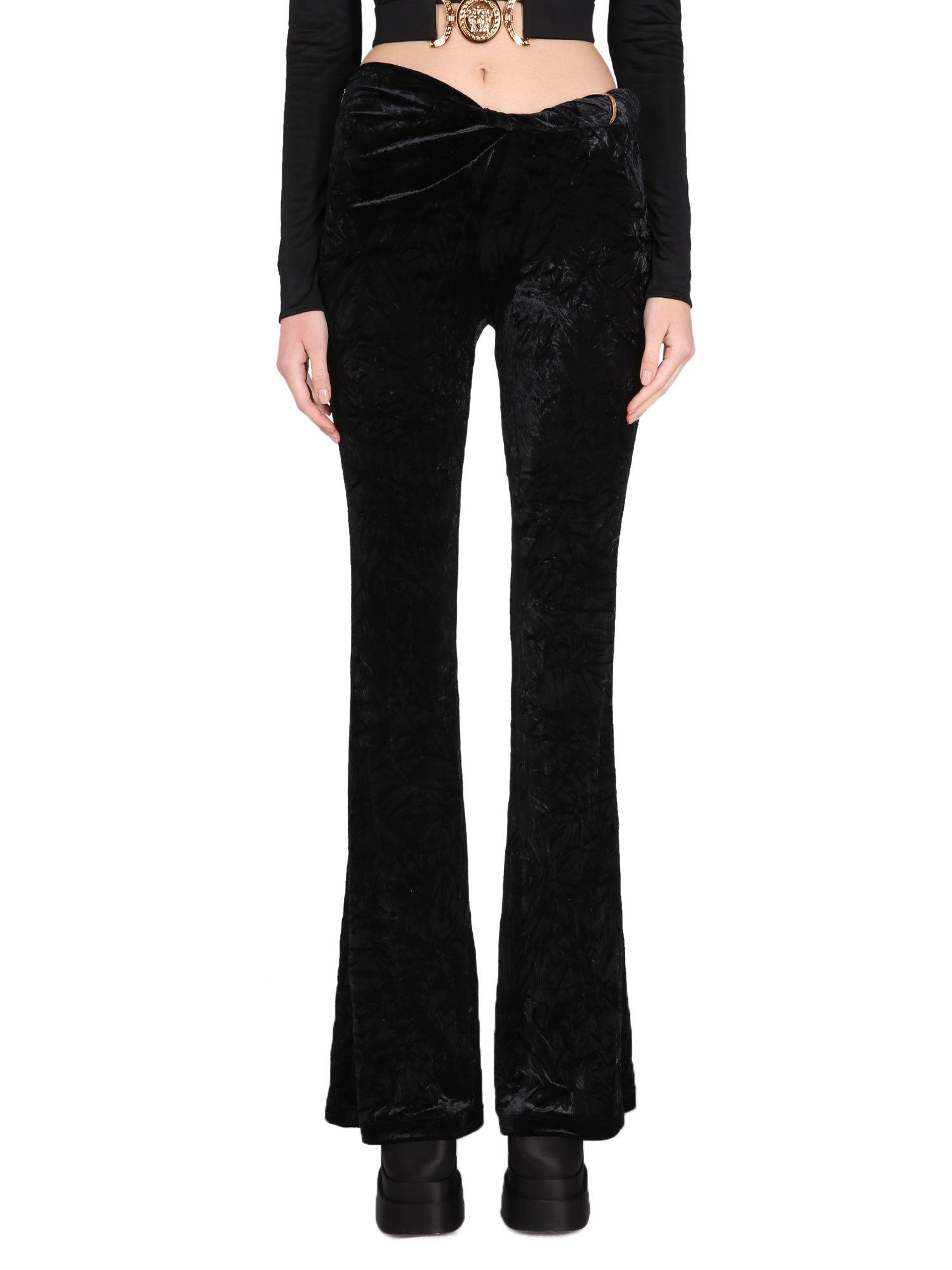 Shop Versace Velvet Flared Pants In Black