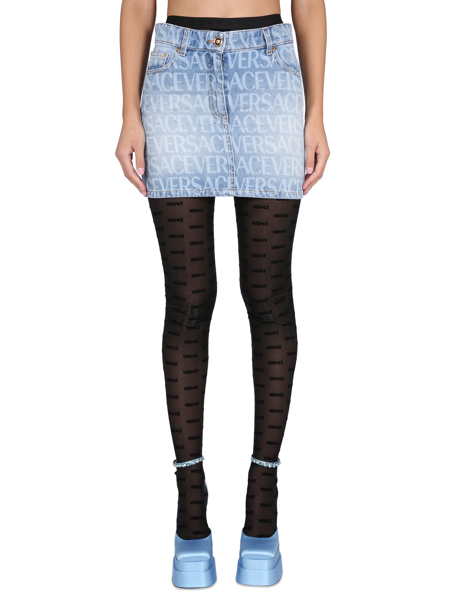 Shop Versace Denim Skirt In Azure