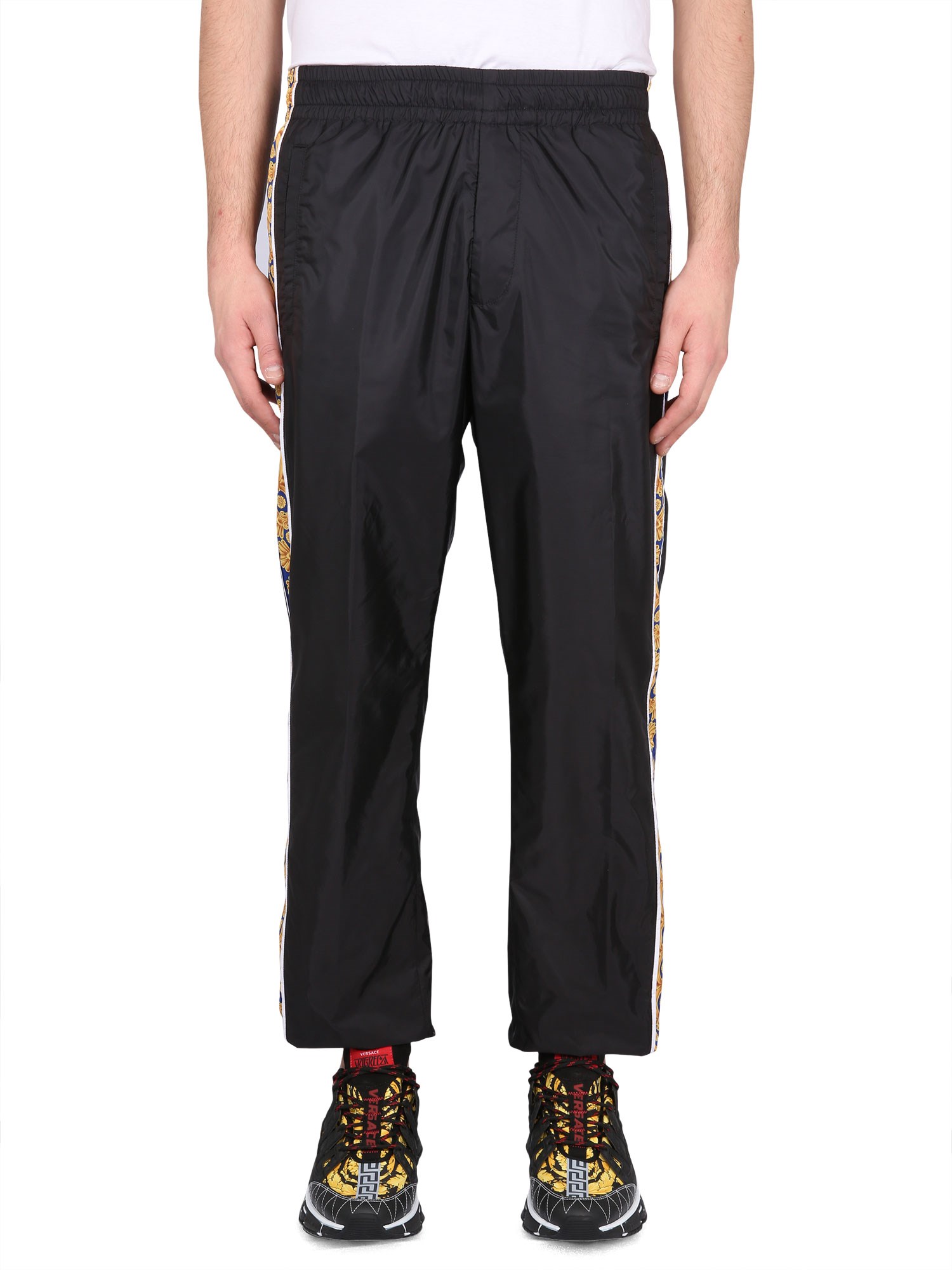 Versace Graphic-stripe Taffeta Track Pants In Black