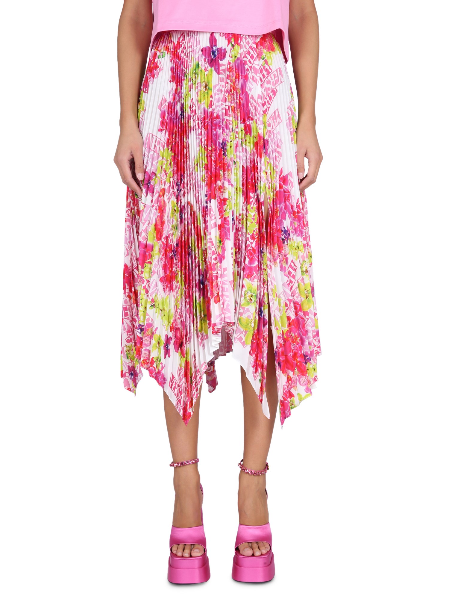 Shop Versace Pleated Skirt In Multicolour