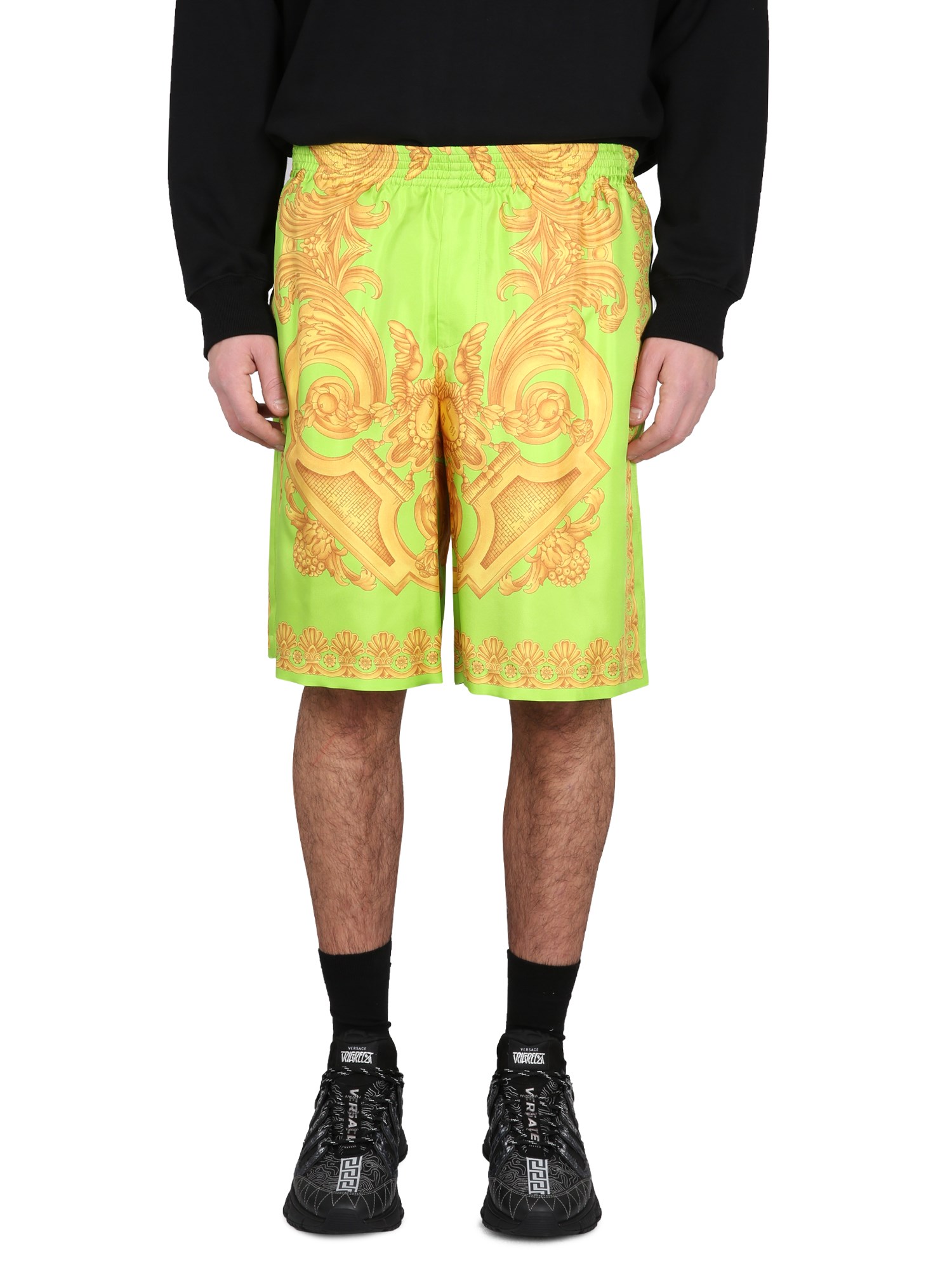Versace Green And Gold Shorts With All-over Barrocco Print In Silk Man In Green