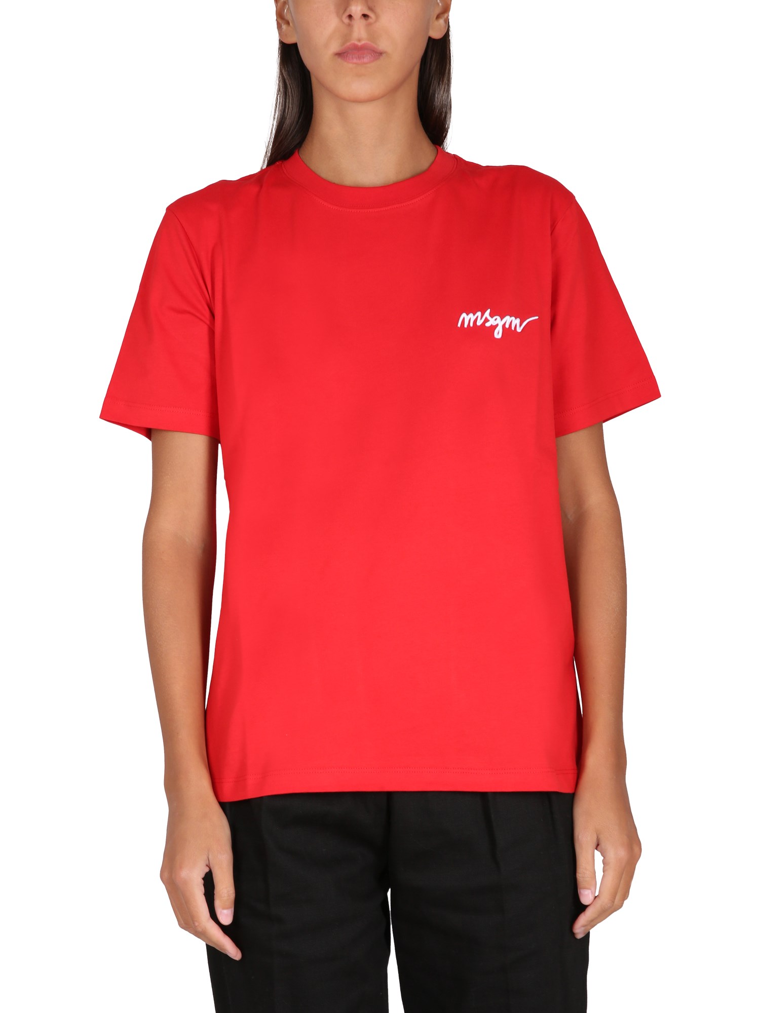 Msgm Jersey Crewneck T-shirt With Logo In Red