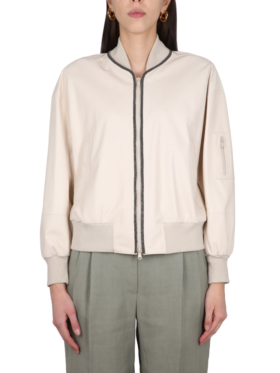 ジャケット BRUNELLO CUCINELLI Leather bomber jacket with jewellery BRUNELLO CUCINELLI - LEATHER BOMBER JACKET WITH JEWEL DETAIL