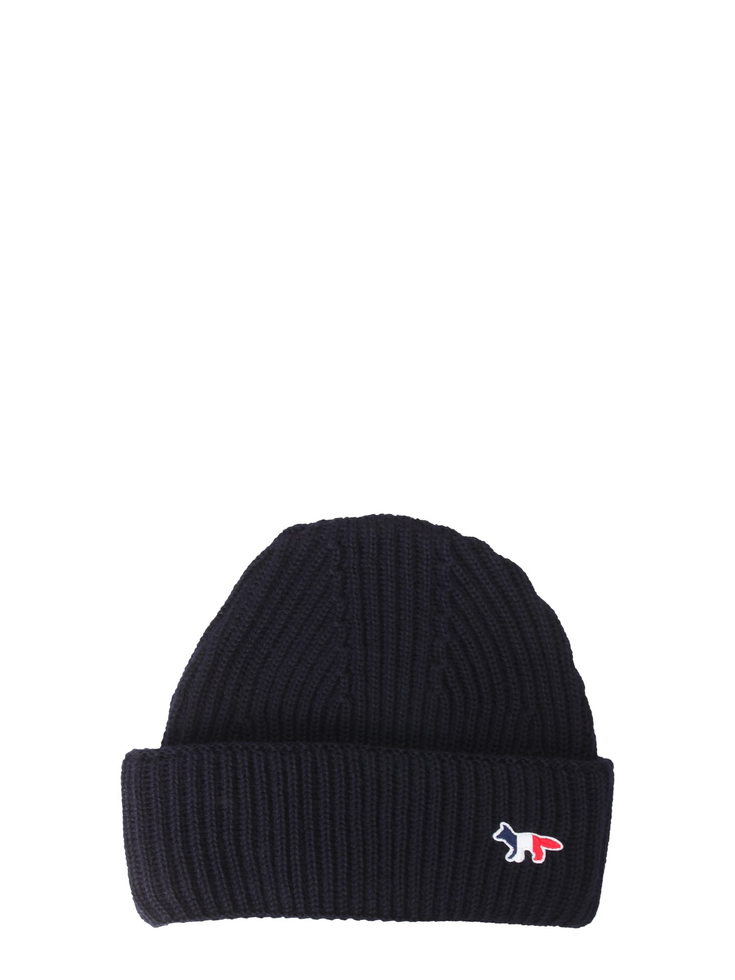 Maison Kitsuné Tricolour Fox-patch Ribbed-wool Beanie Hat In Blue