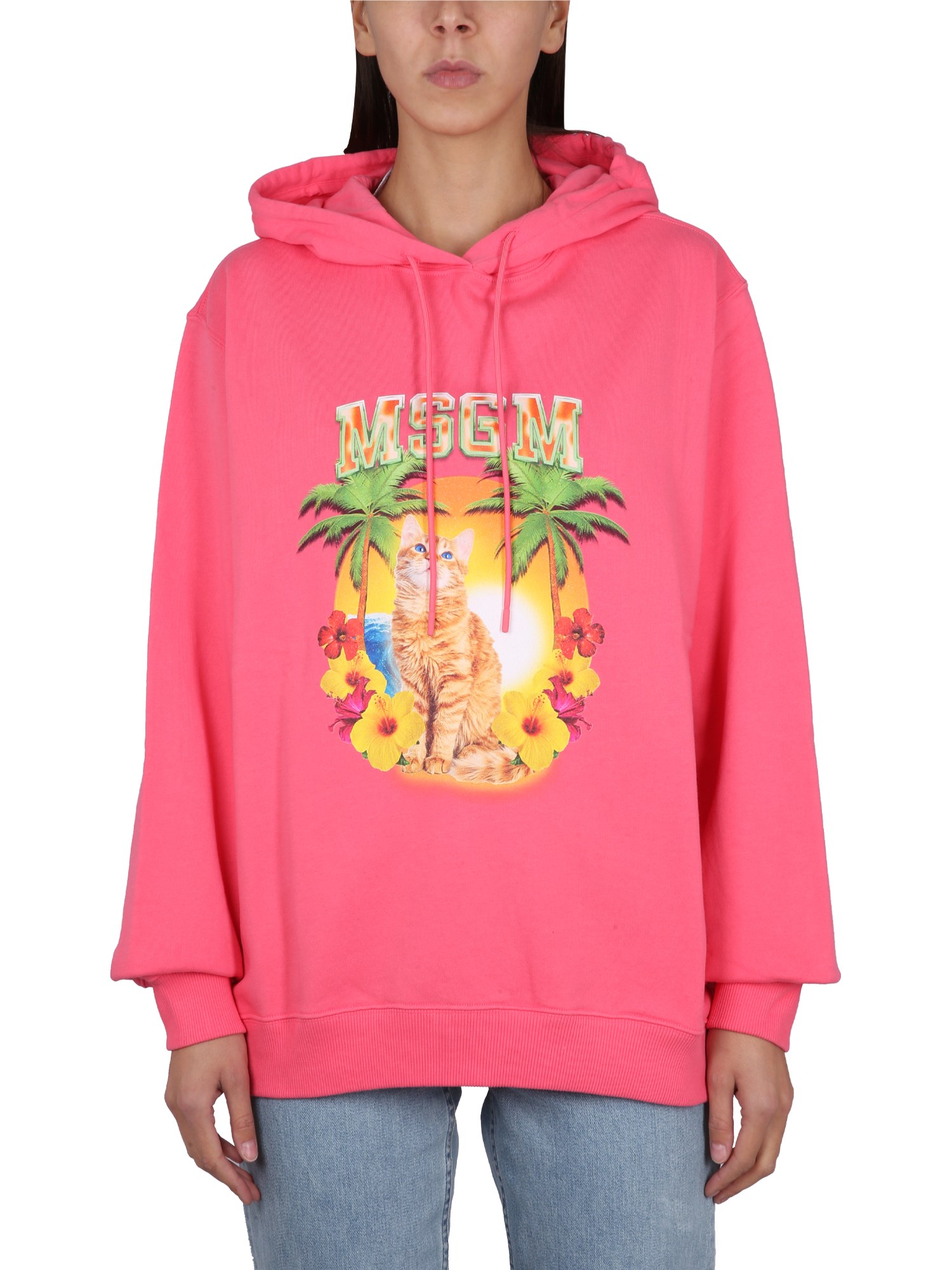 Msgm Vibrant Sweatshirt With Drawstring Hood And Playful Graphic In Fuchsia