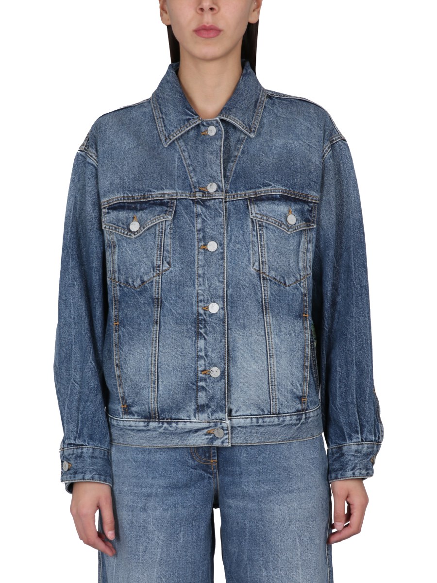 logo-print denim trucker jacket in blue - Palm Angels® Official