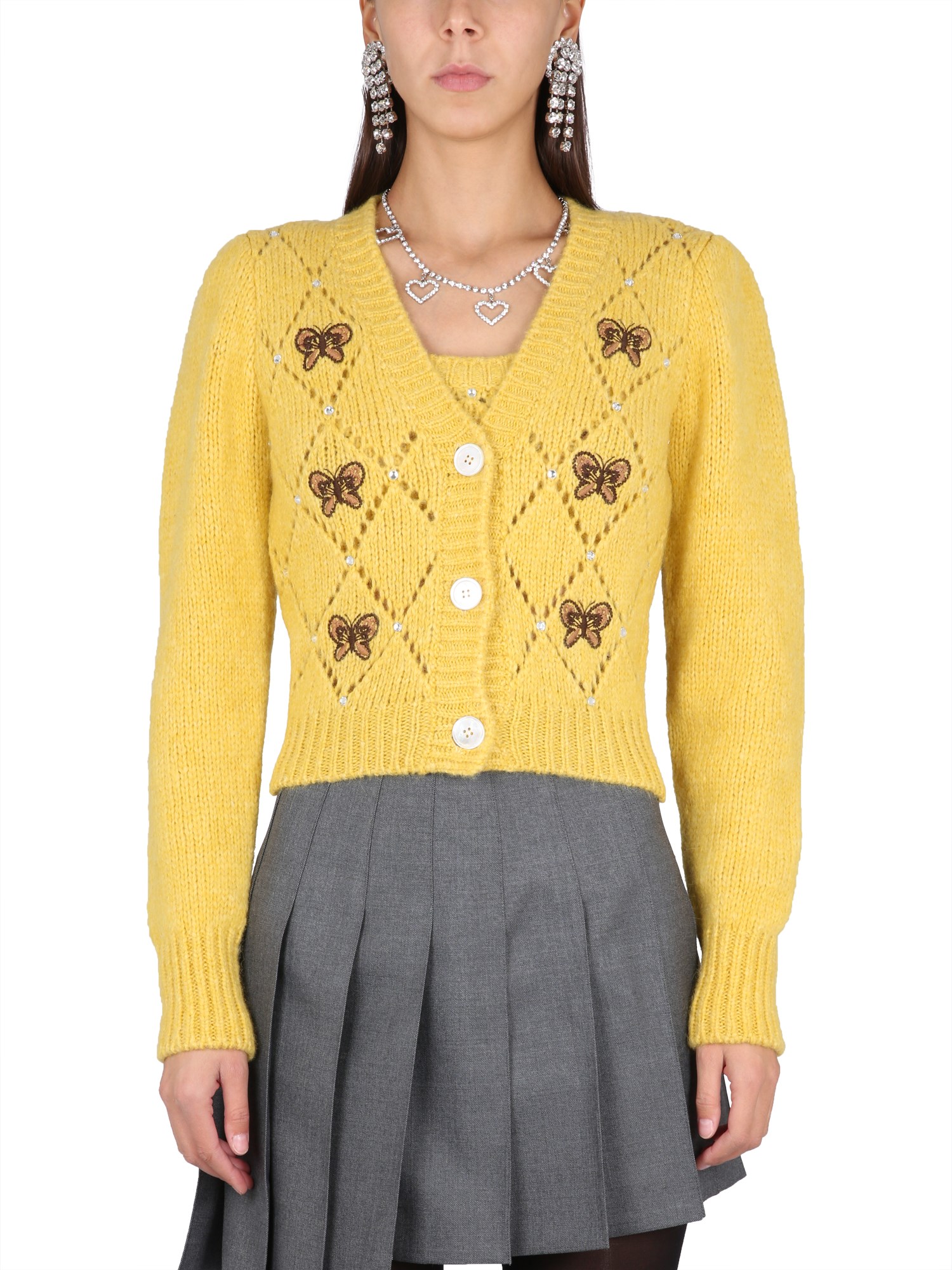 Alessandra Rich Butterfly-embroidered Pointelle Cardigan In Yellow