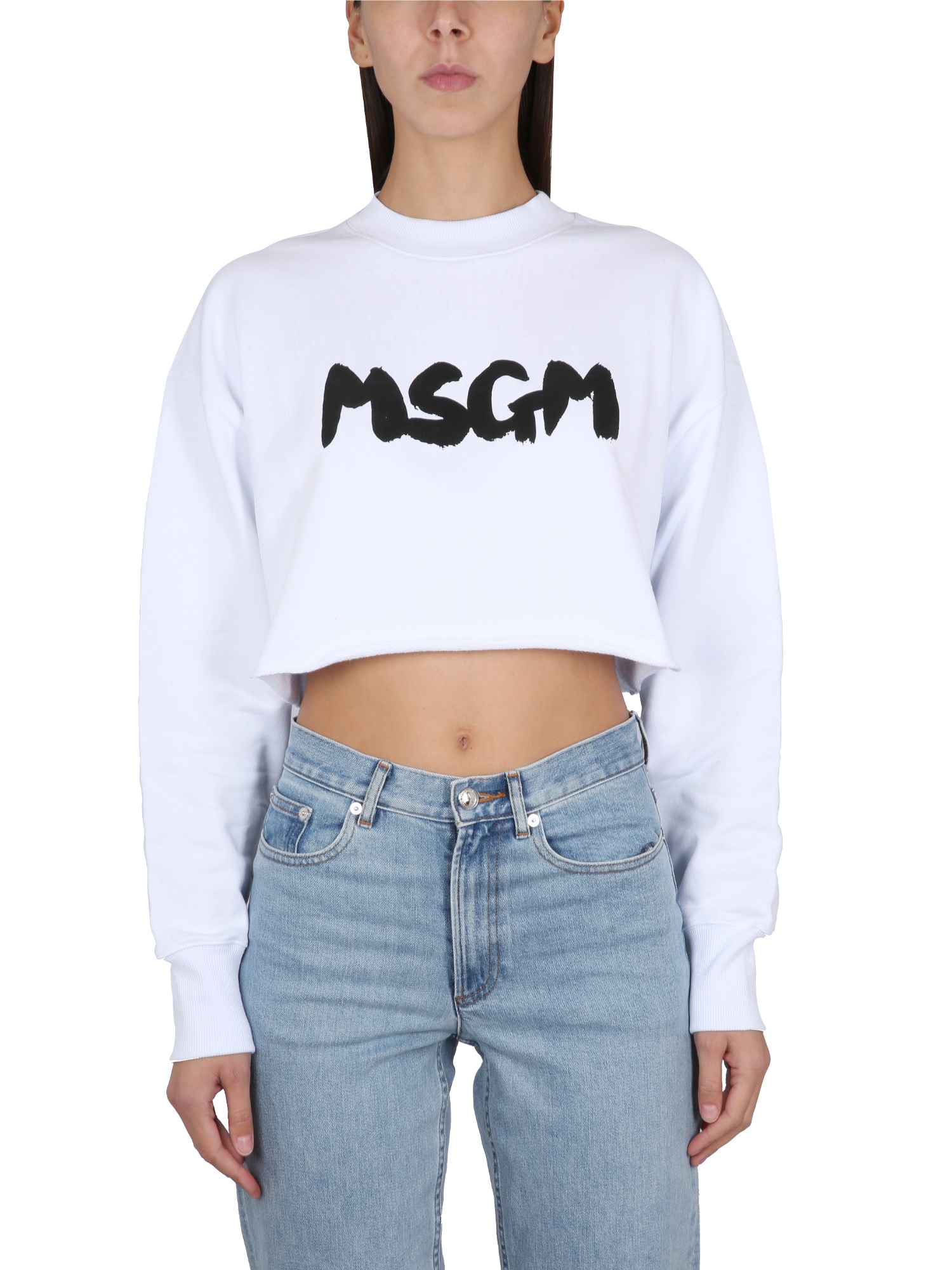 Msgm Logo-print Cropped Sweatshirt In White