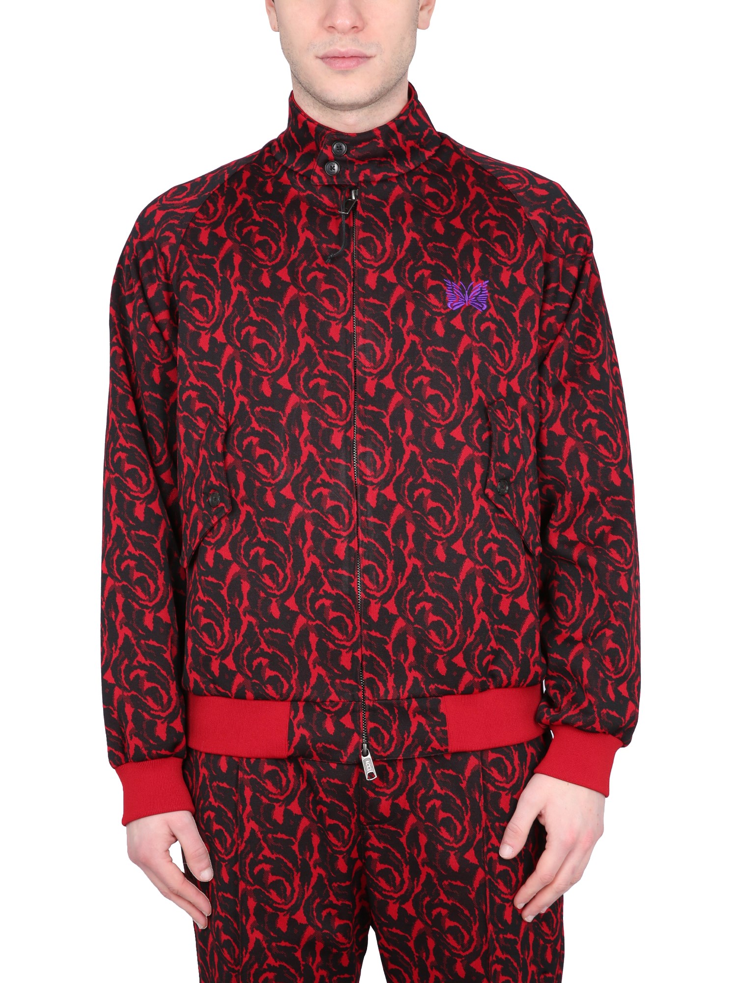 Baracuta X Needles Harrington Track Jacket In Jacquard Jersey In Red