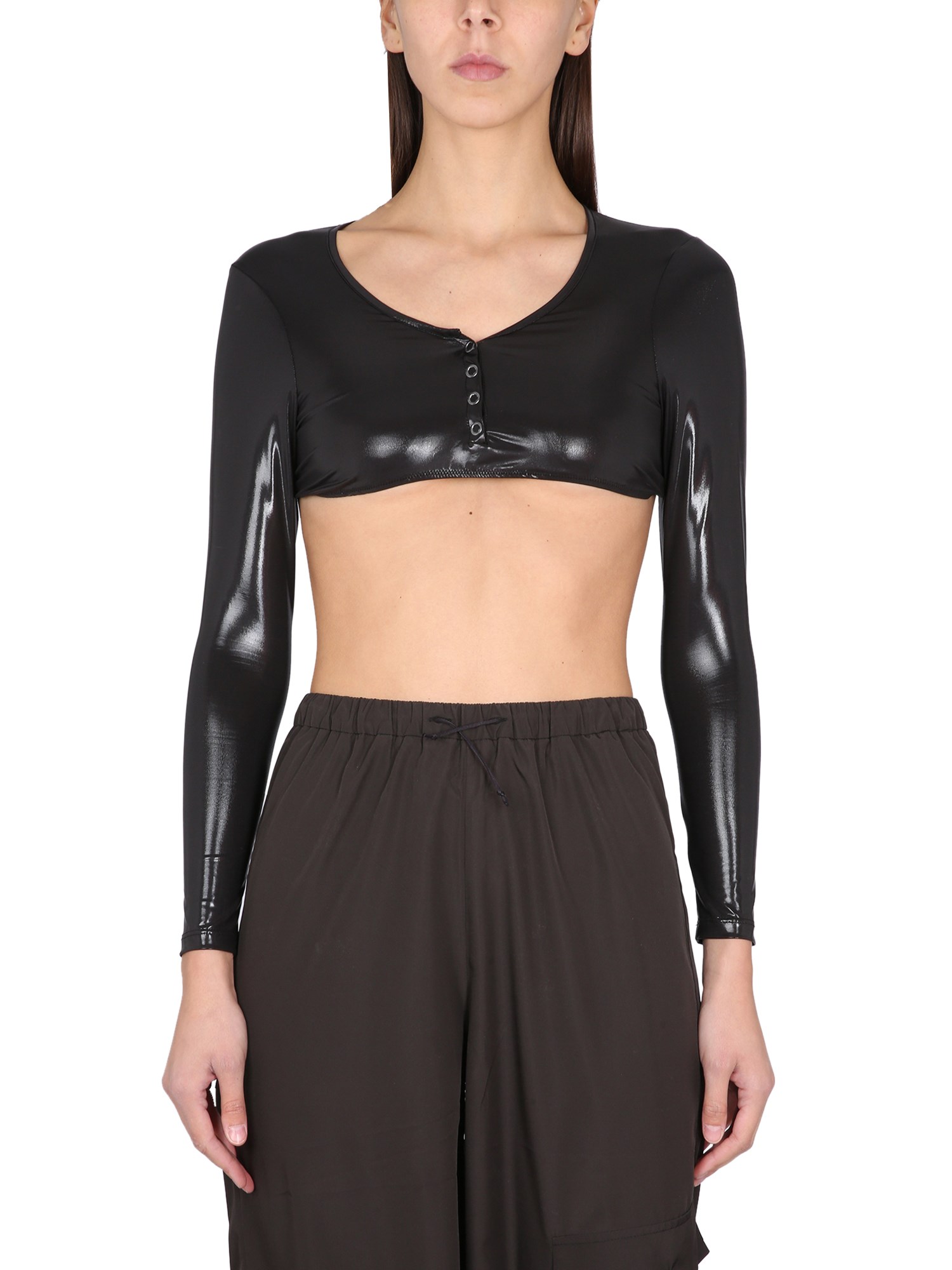 Not After Ten Buttoned Long-sleeve Cropped Top In Black