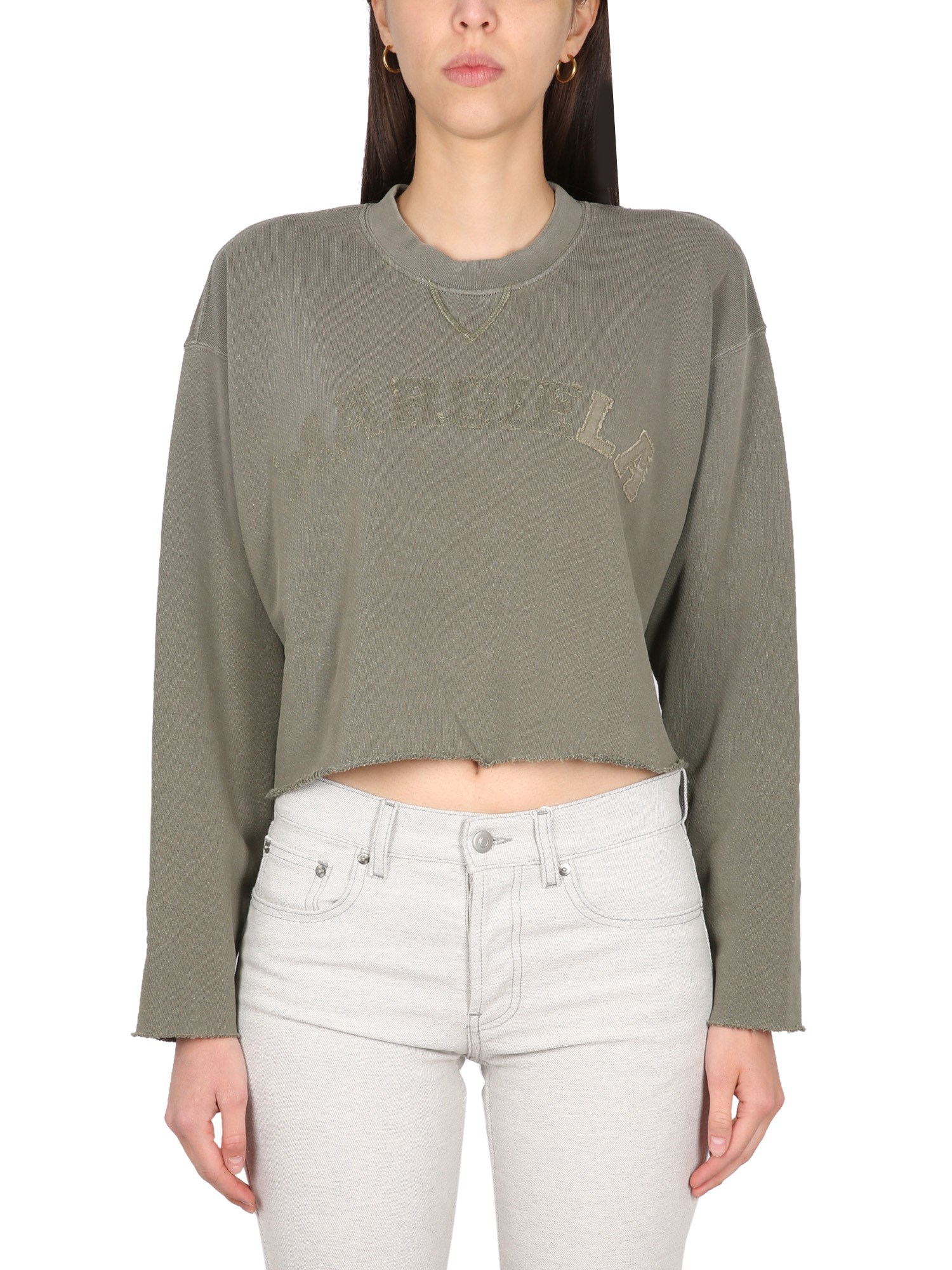 Maison Margiela Logo Cotton Jersey Crewneck Sweatshirt In Military Green