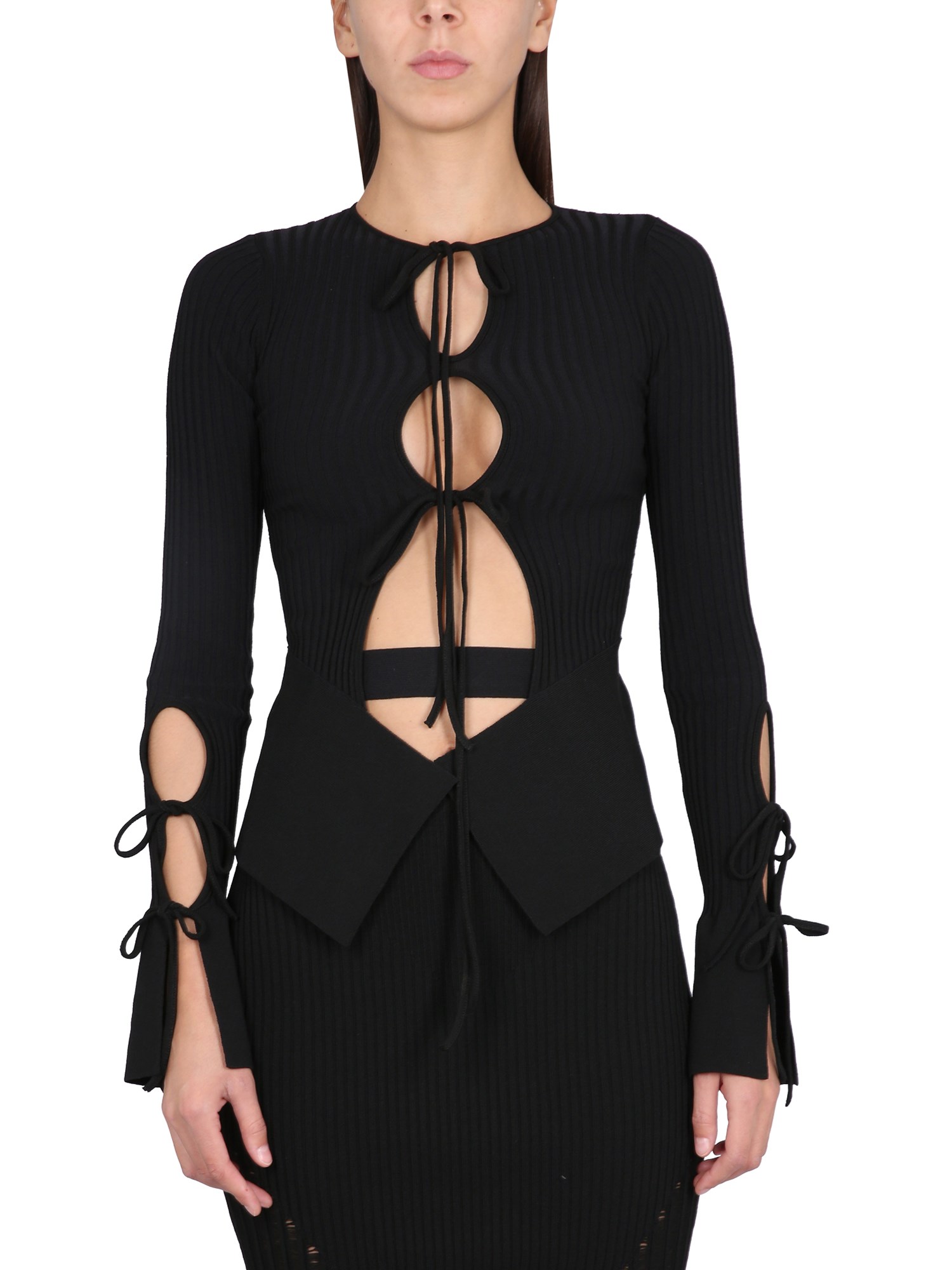 Andreädamo Tie-fastening Long-sleeve Knitted Top In Black