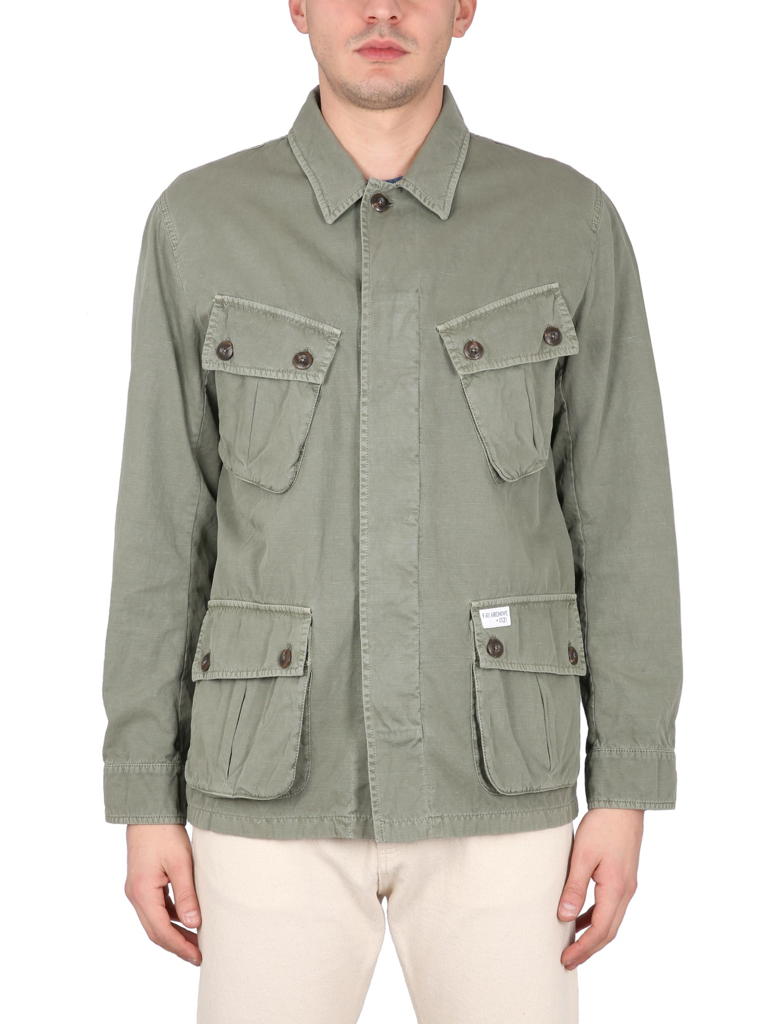 Fay Collared Jacket With Four Front Pockets In Military Green