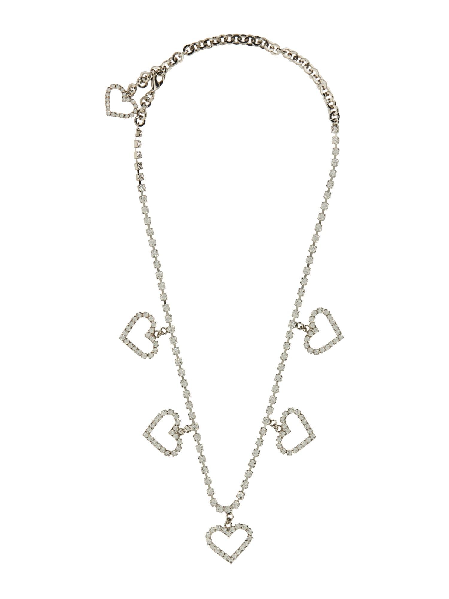 Alessandra Rich Crystal Necklace With Heart Pendants In Silver