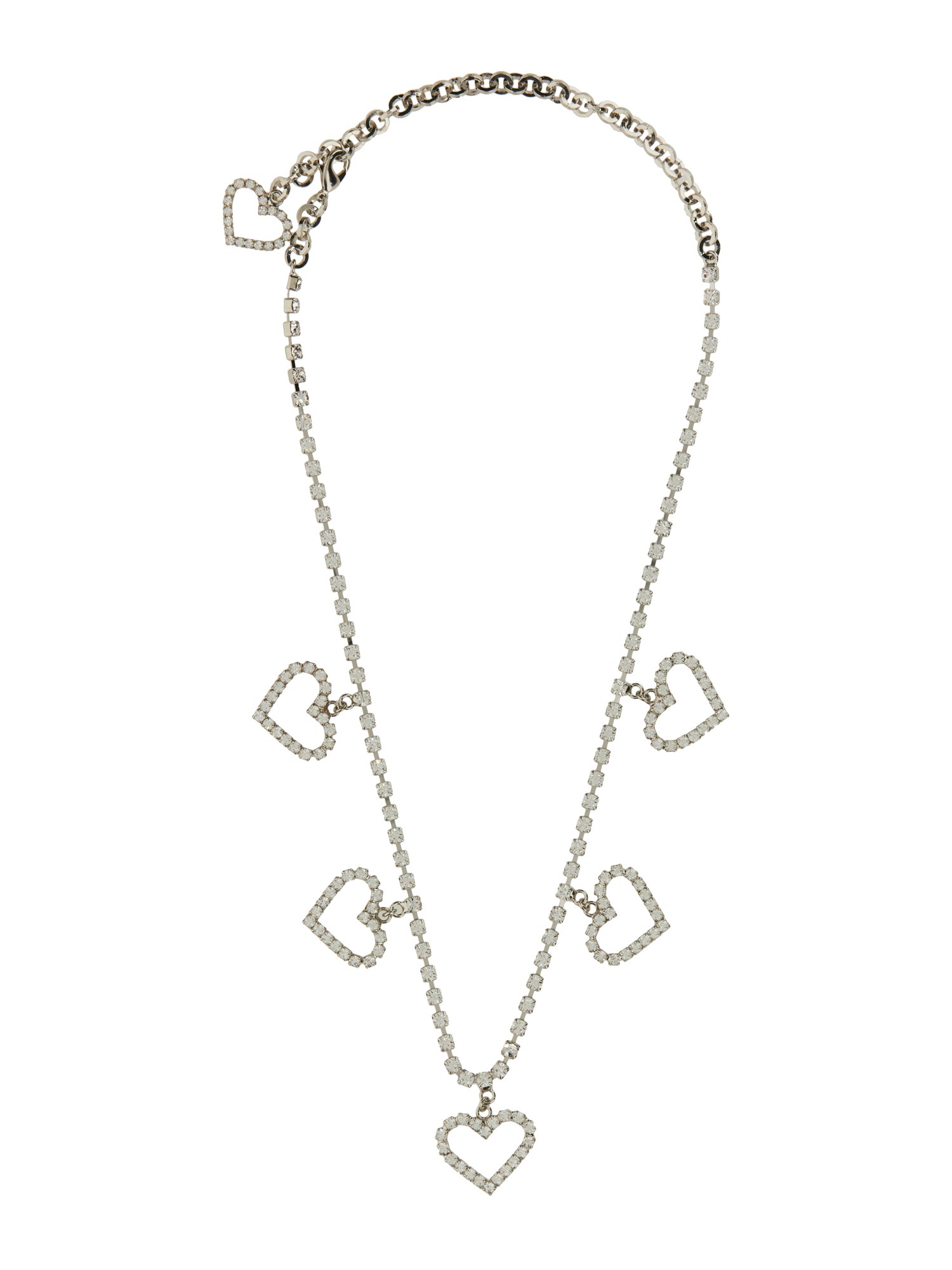 Shop Alessandra Rich Crystal Necklace With Heart Pendants In Silver