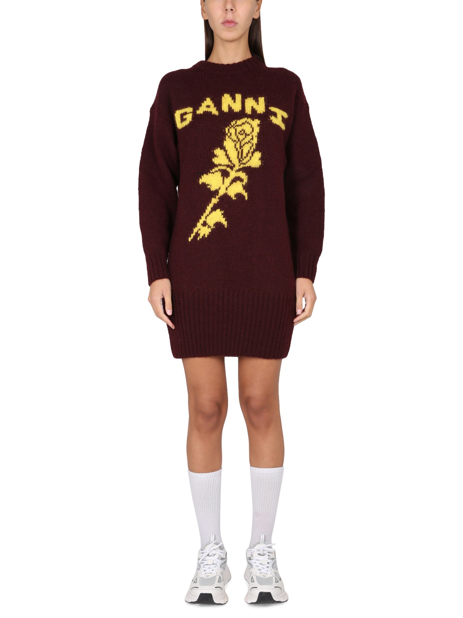 Ganni Embroidered Logo Wool Long Sweater In Black